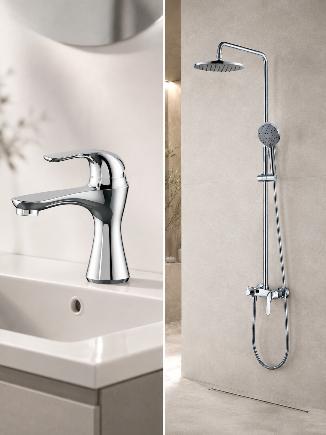 BBbidet 069 Series Bathroom Faucet & Shower Combo Set, Chrome Single-Handle Basin Mixer and Rain Shower System