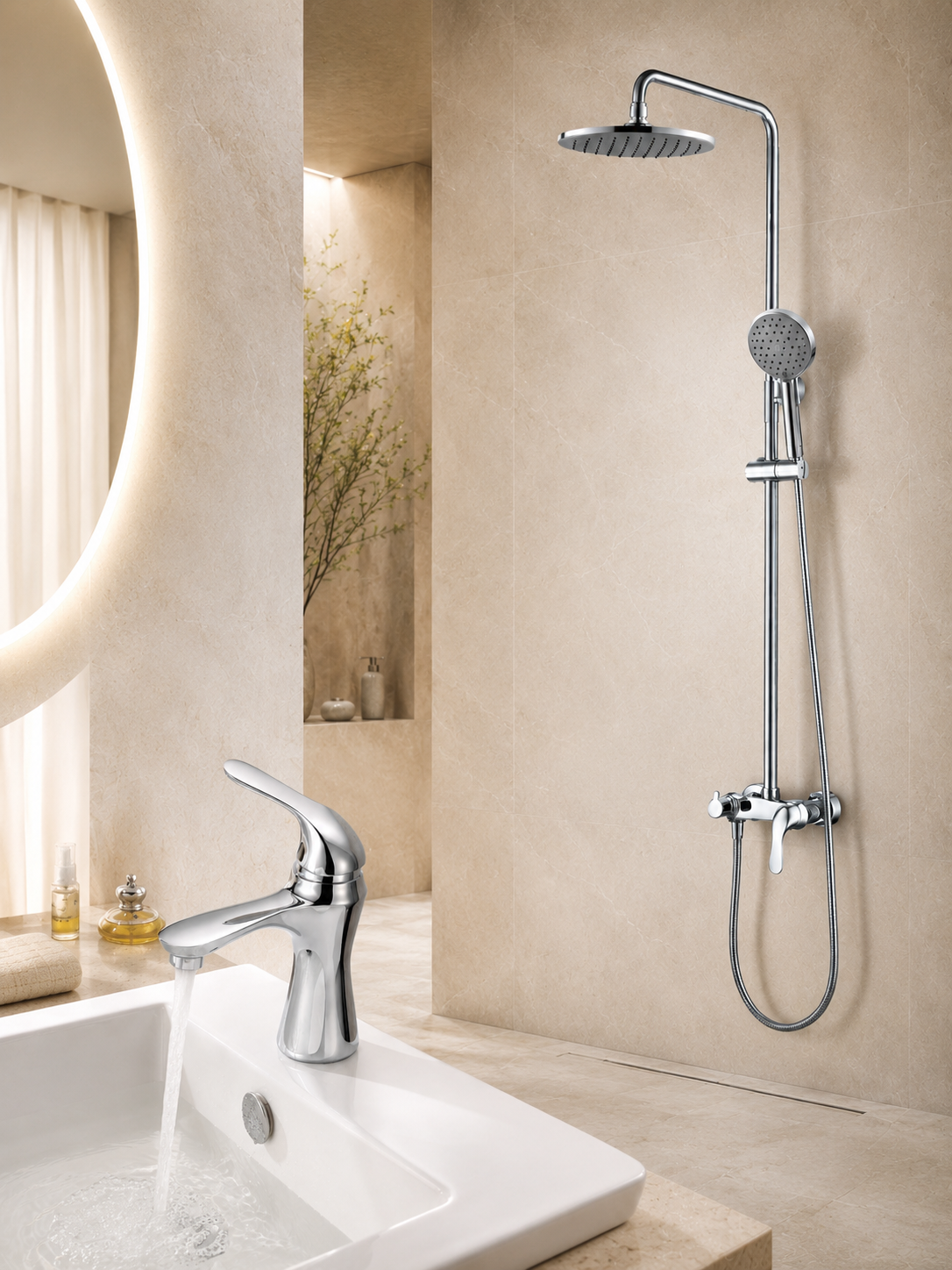 BBbidet 069 Series Bathroom Faucet & Shower Combo Set, Chrome Single-Handle Basin Mixer and Rain Shower System