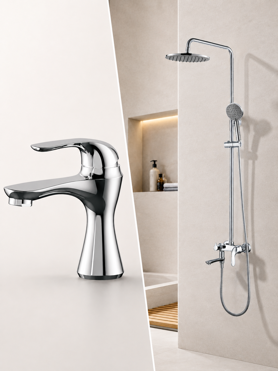 BBbidet 069 Series Bathroom Faucet & Shower Combo Set, Chrome Single-Handle Basin Mixer and Rain Shower System