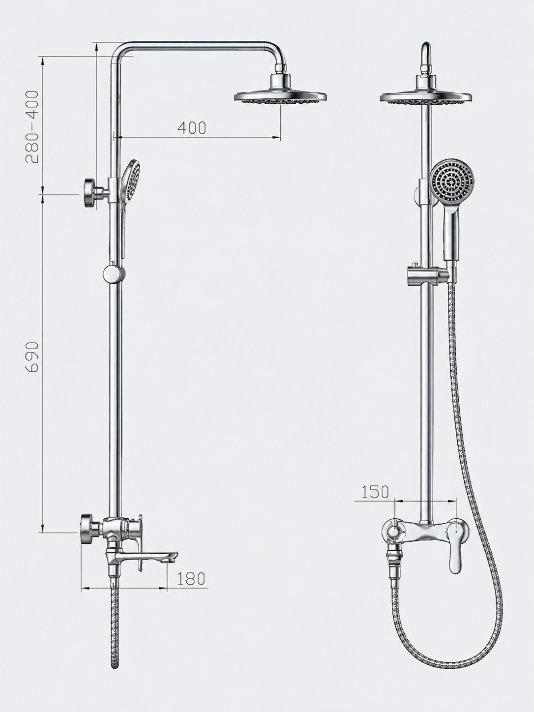 BBbidet 069 Series Bathroom Faucet & Shower Combo Set, Chrome Single-Handle Basin Mixer and Rain Shower System
