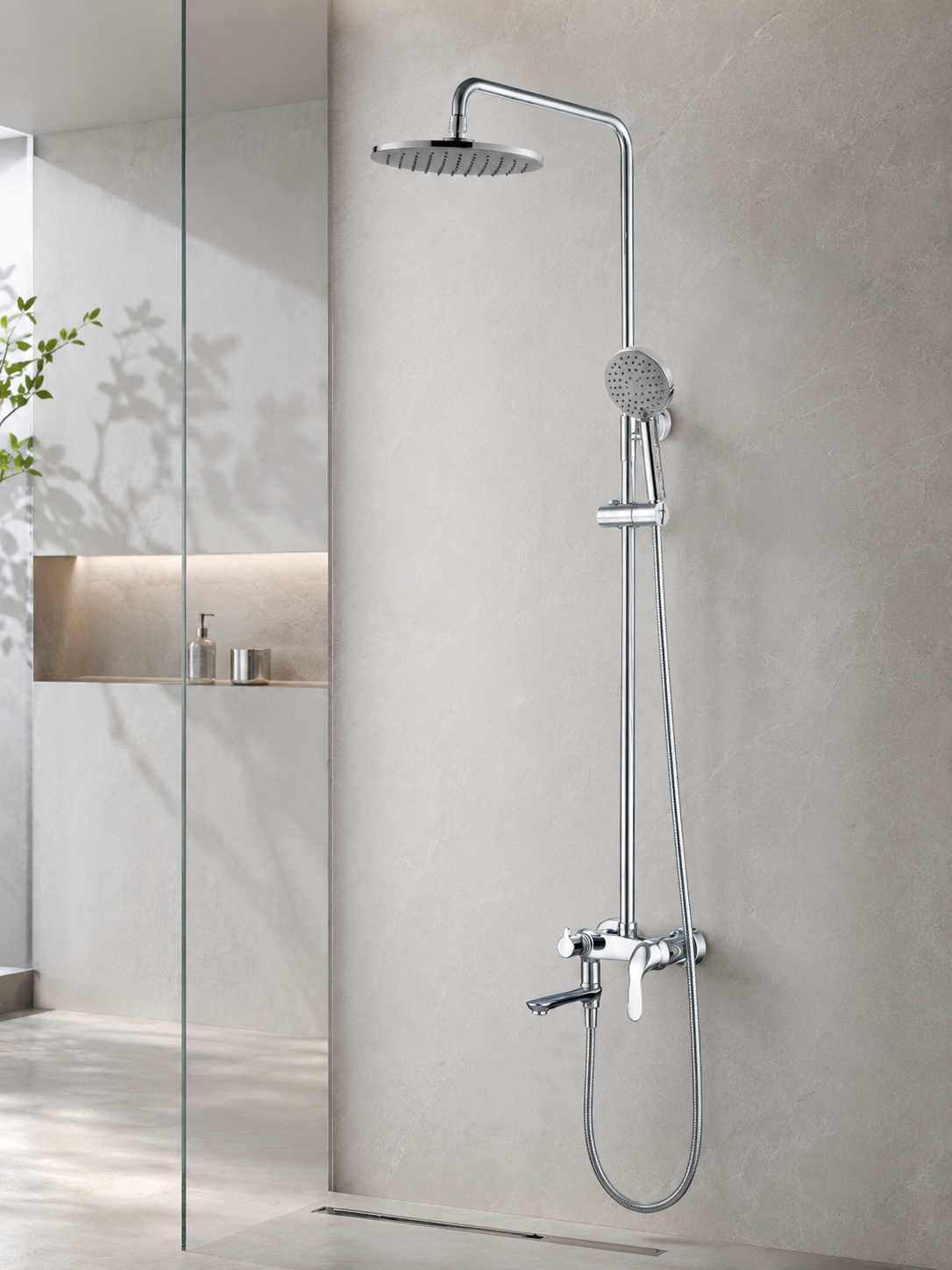 BBbidet 069 Series Bathroom Faucet & Shower Combo Set, Chrome Single-Handle Basin Mixer and Rain Shower System