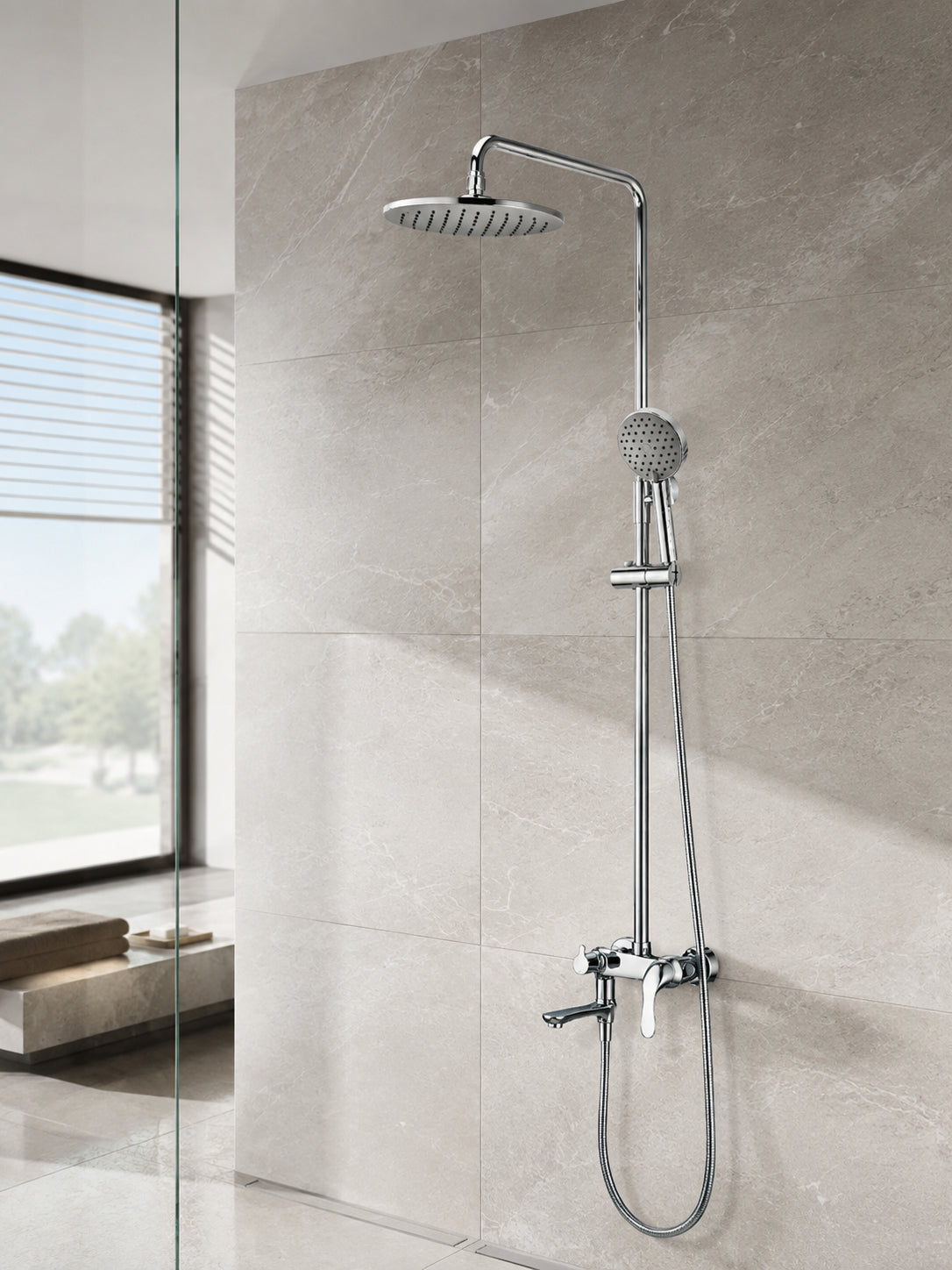 BBbidet 06909 polished chrome rain shower system in modern bathroom