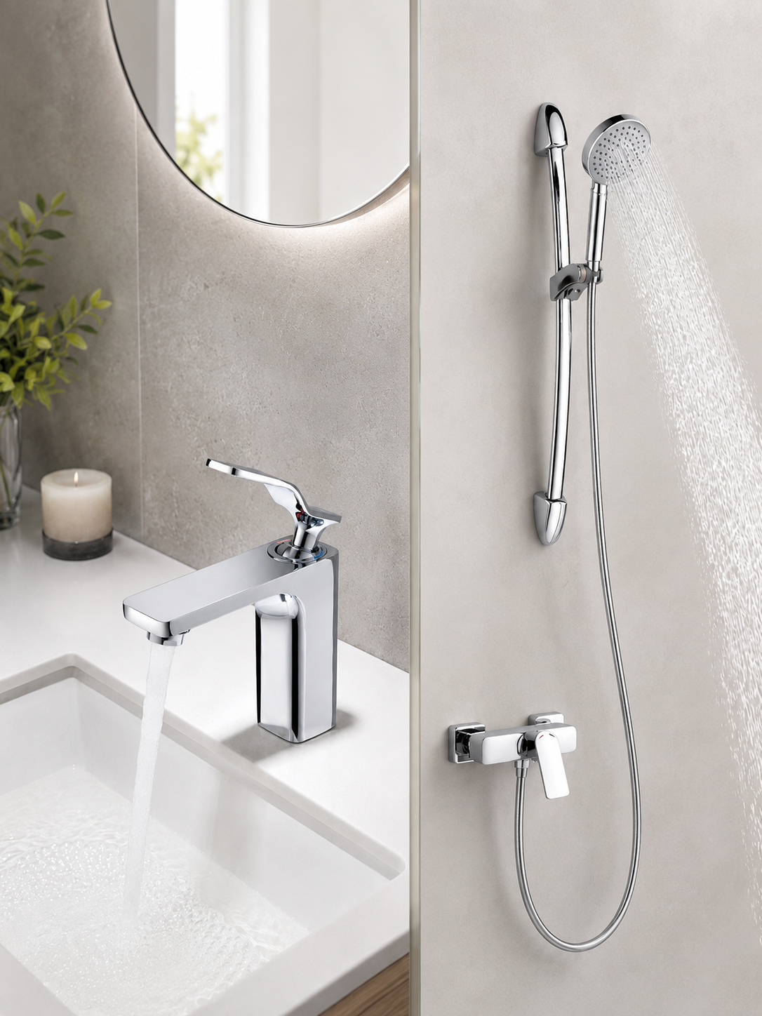 BBbidet 173 Modern Chrome Bathroom Combo Set, Geometric Basin Mixer Faucet and Wall-Mounted Slide Bar Handheld Shower System
