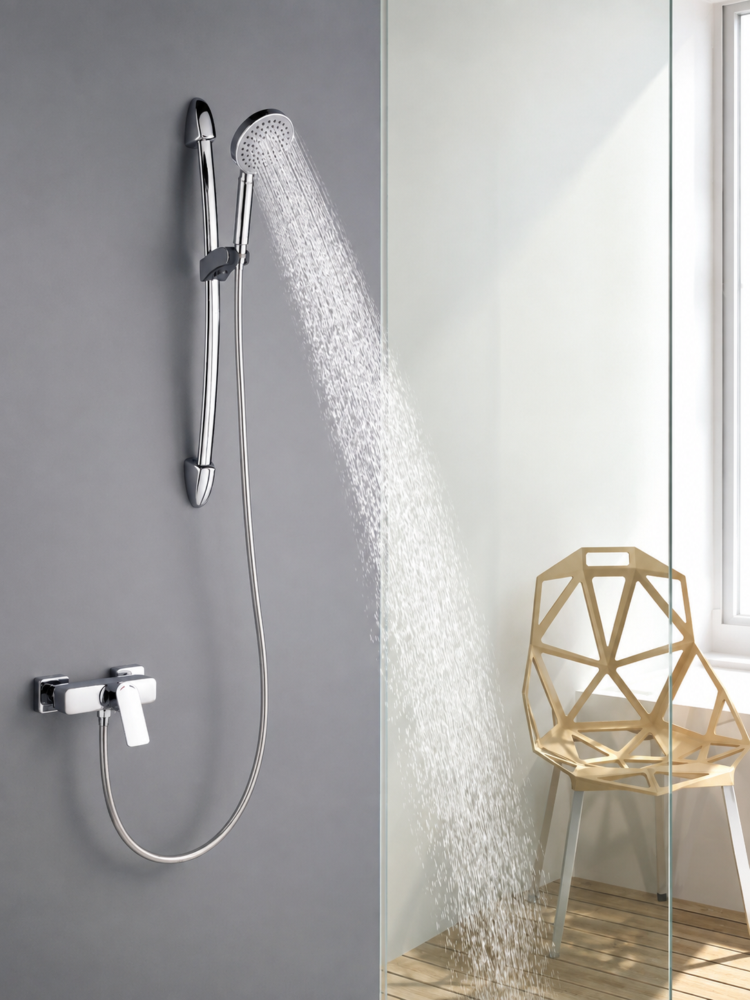 BBbidet 173 Modern Chrome Bathroom Combo Set, Geometric Basin Mixer Faucet and Wall-Mounted Slide Bar Handheld Shower System
