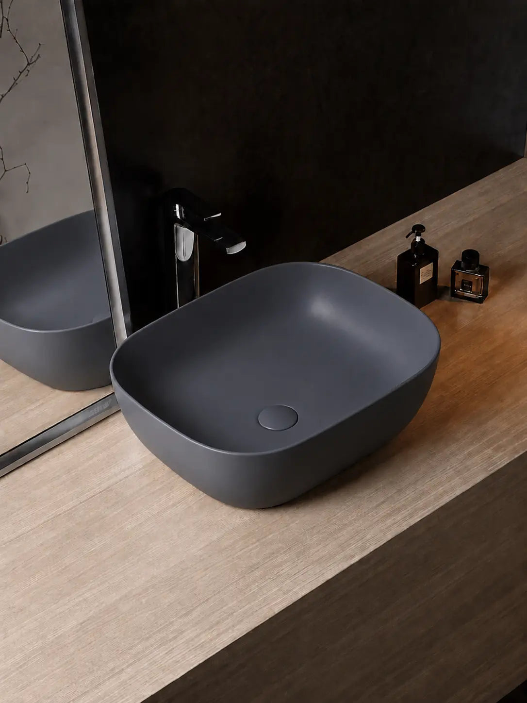 BBbidet 2578 matte dark gray rounded-square ceramic countertop basin in a modern bathroom