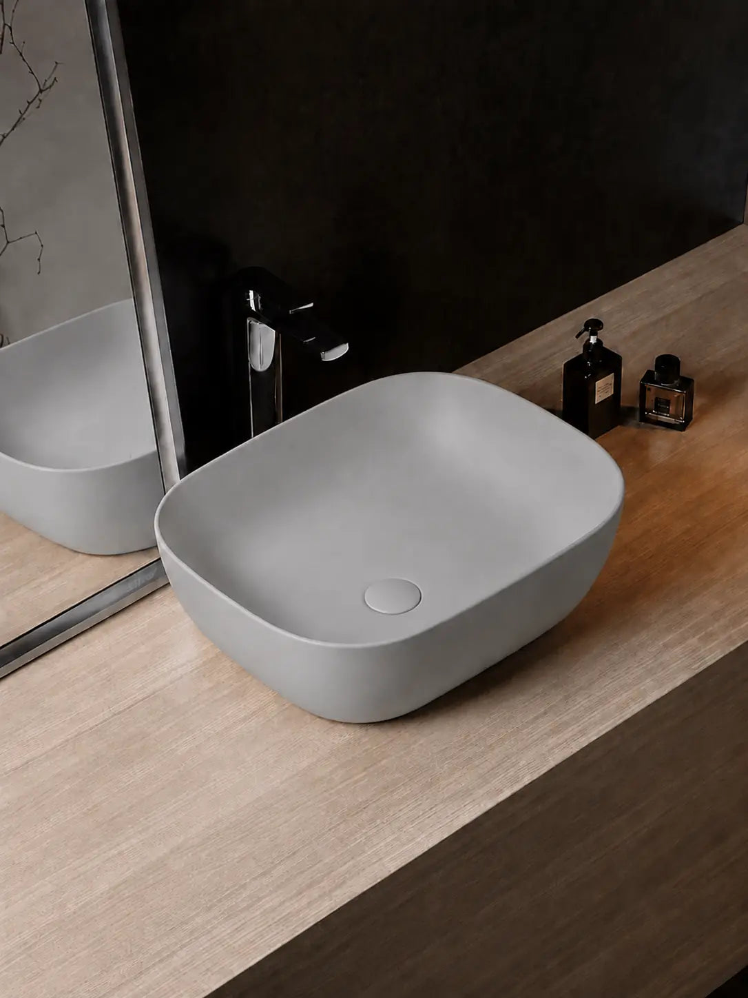 BBbidet 2578 matte gray rounded-square ceramic countertop basin in a modern bathroom