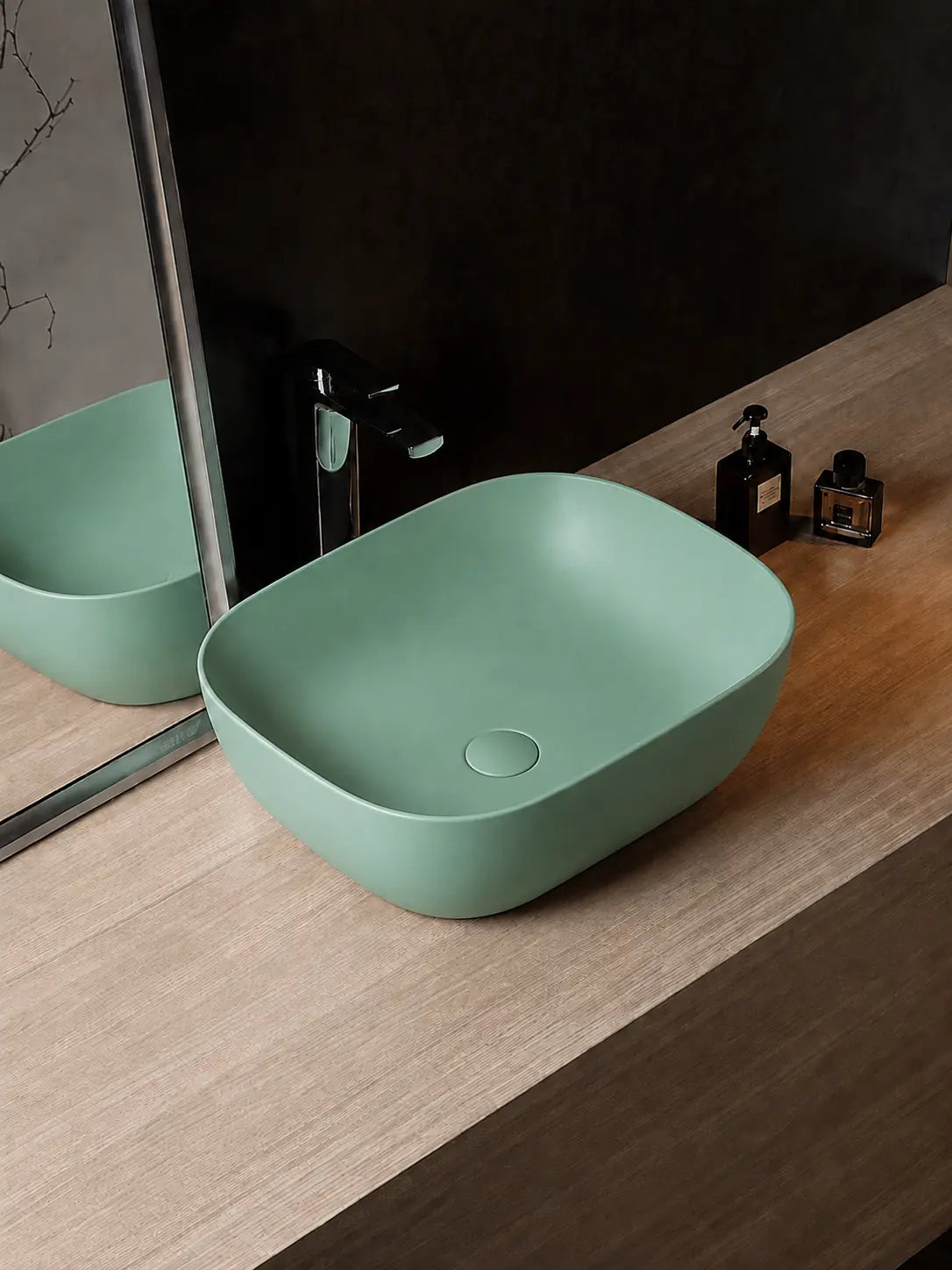 BBbidet 2578 matte green rounded-square ceramic countertop basin in a modern bathroom