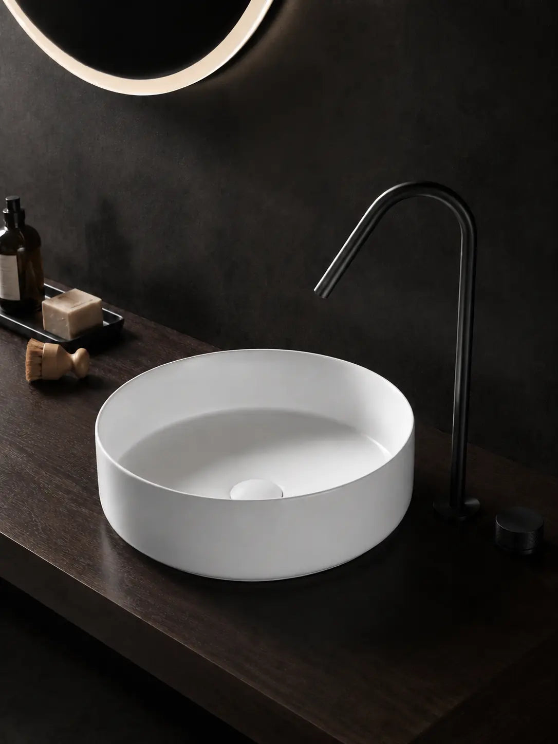 BBbidet 2593 360mm matte white round ceramic countertop basin hero view