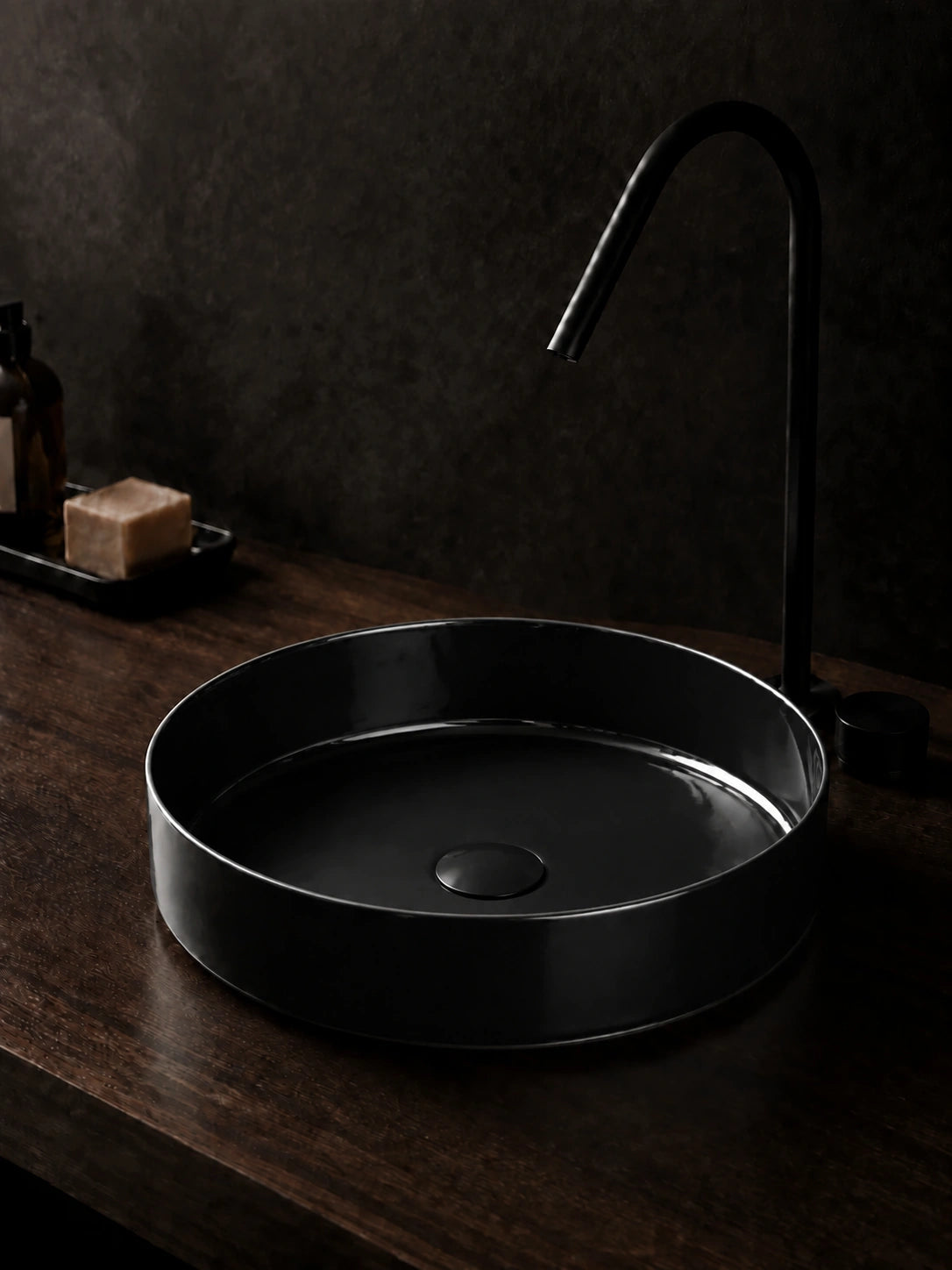 BBbidet 2593 410mm glazed black round ceramic countertop basin side view