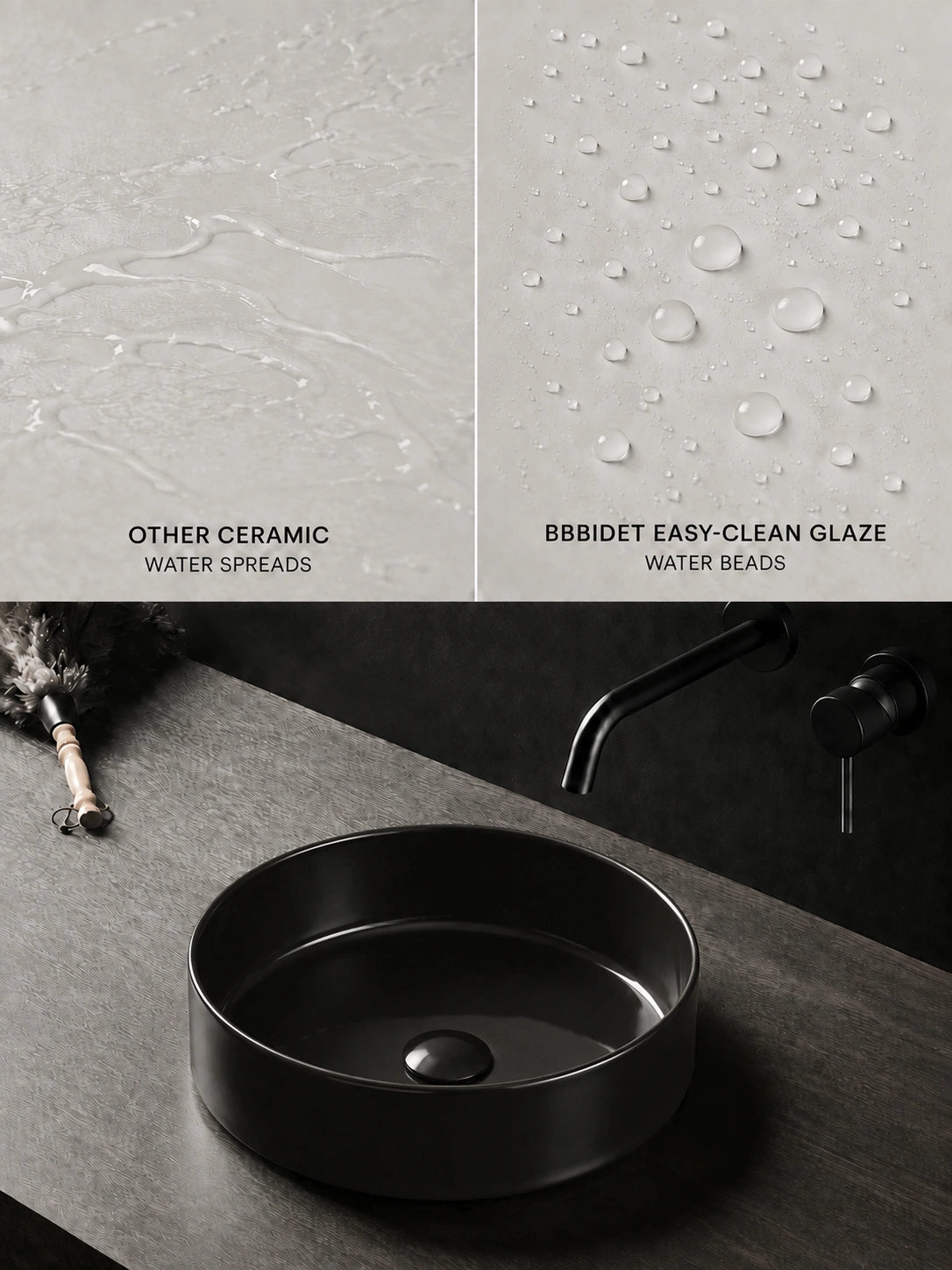 BBbidet 2593 410mm glazed black round ceramic countertop basin easy-clean glaze comparison