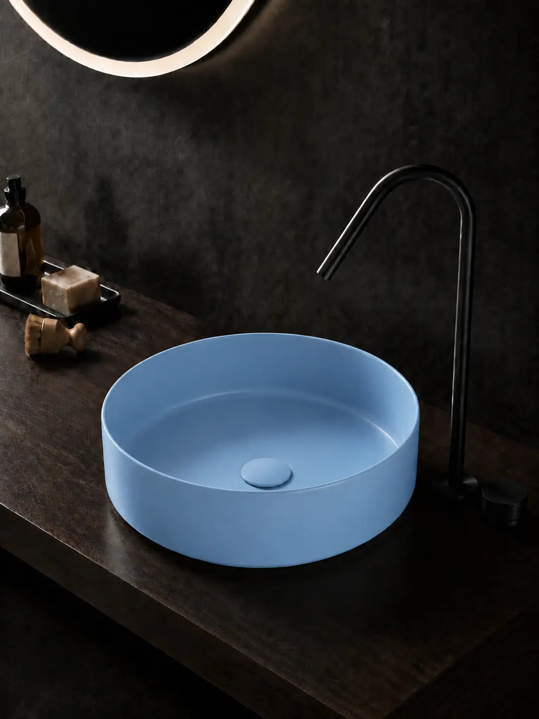 BBbidet 2593 410mm matte blue round ceramic countertop basin hero view