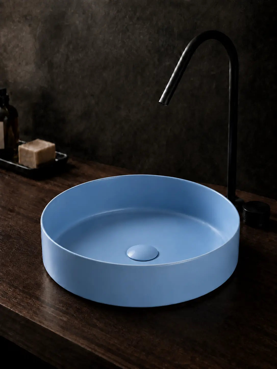 BBbidet 2593 matte blue low-profile countertop basin side view