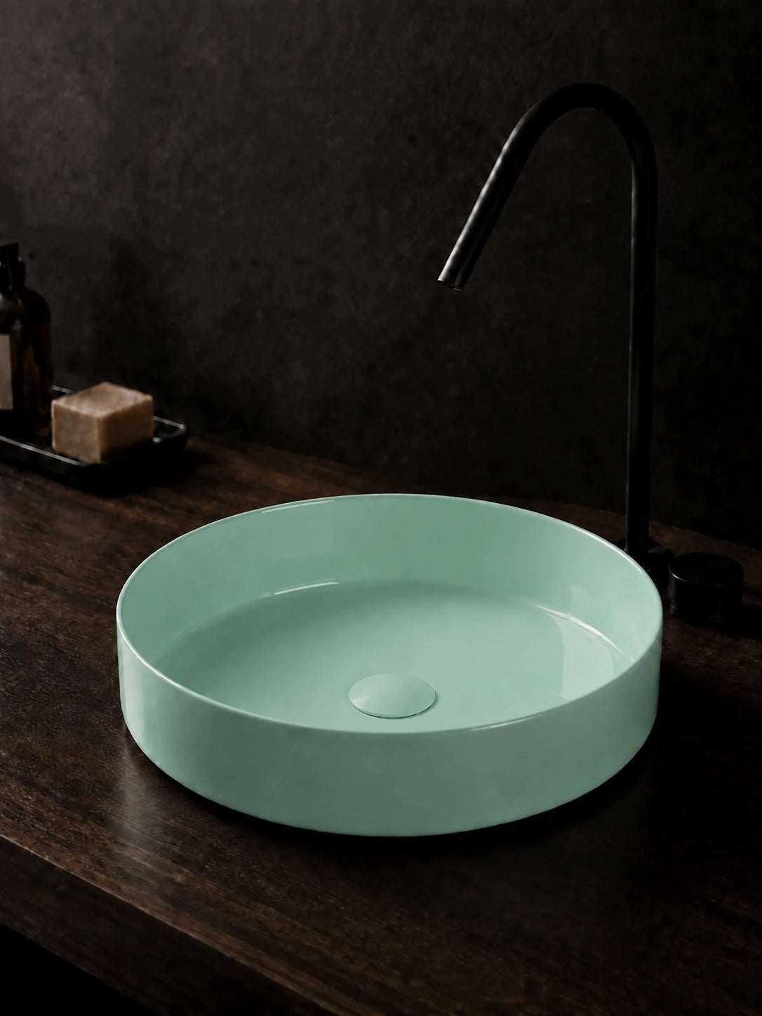 BBbidet 2593 410mm glazed mint green round ceramic countertop basin side view