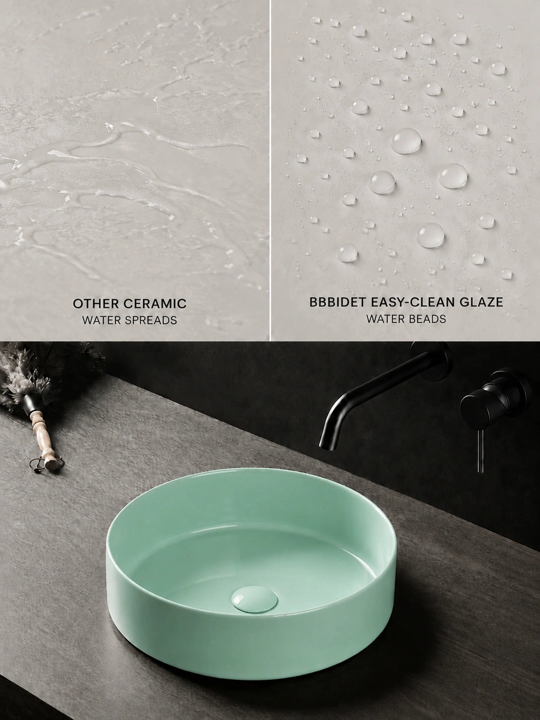 BBbidet 2593 410mm glazed mint green round ceramic countertop basin easy-clean glaze comparison