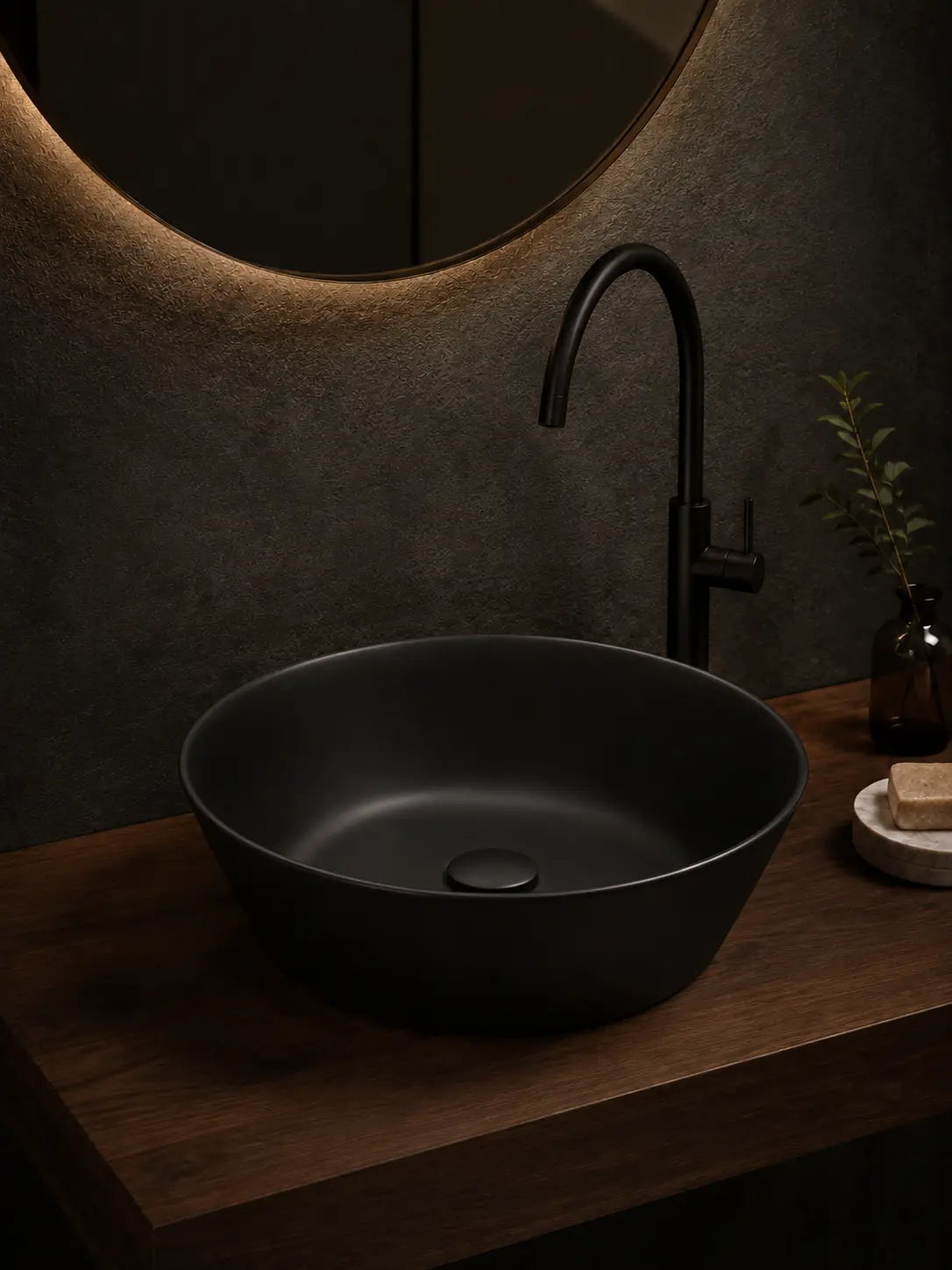 BBbidet 2603 matte black round ceramic countertop basin, hero view