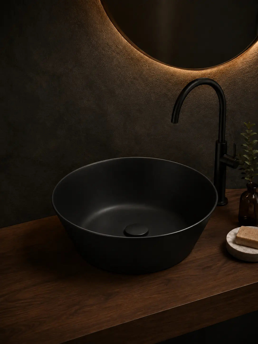 BBbidet 2603 matte black round ceramic countertop basin, alternate angle