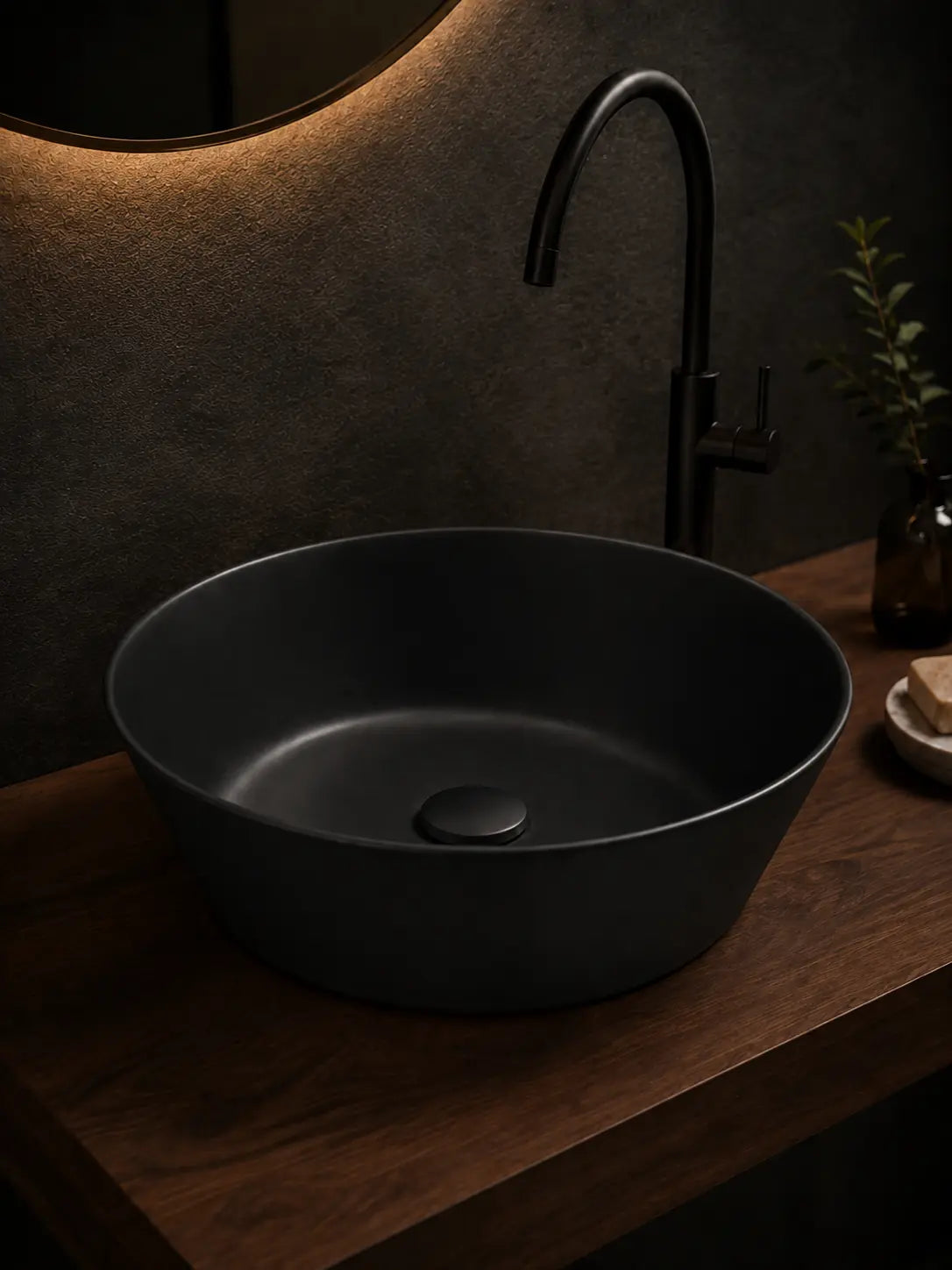 BBbidet 2603 matte black round ceramic countertop basin, side view