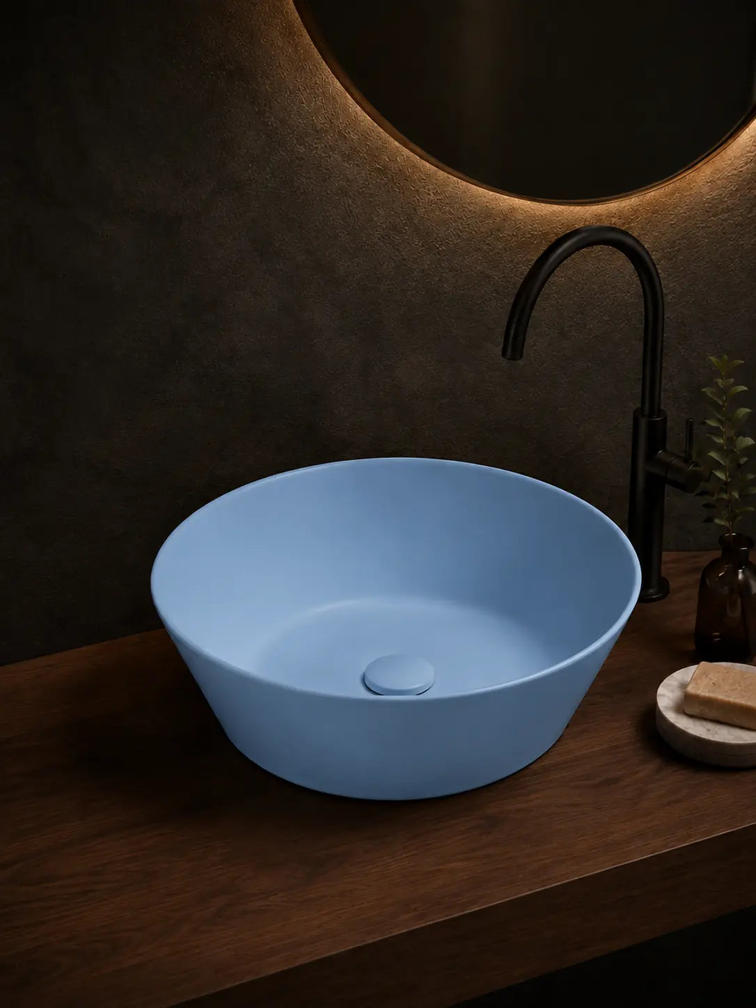 BBbidet 2603 matte blue round ceramic countertop basin, alternate angle