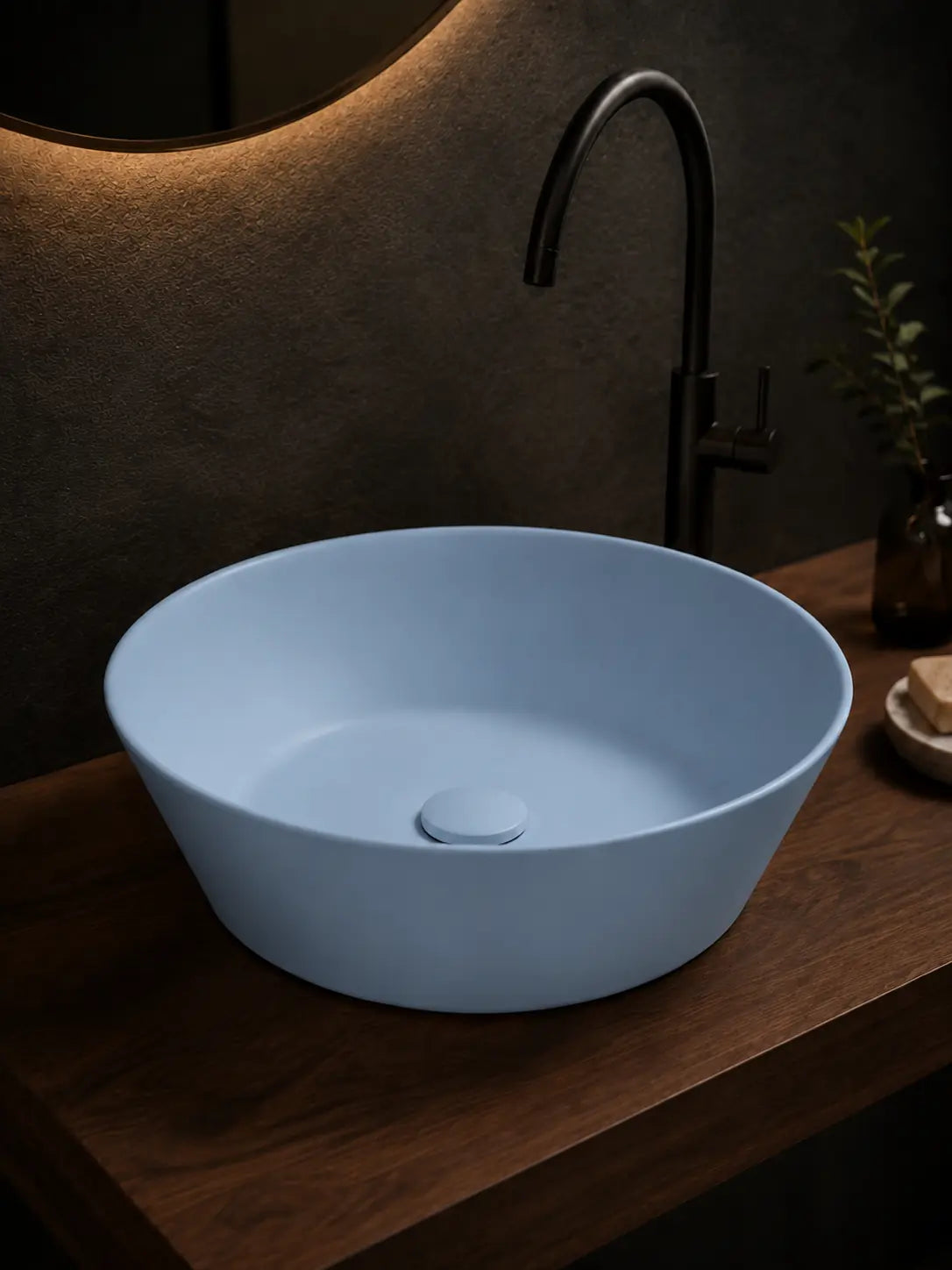 BBbidet 2603 matte blue round ceramic countertop basin, side view