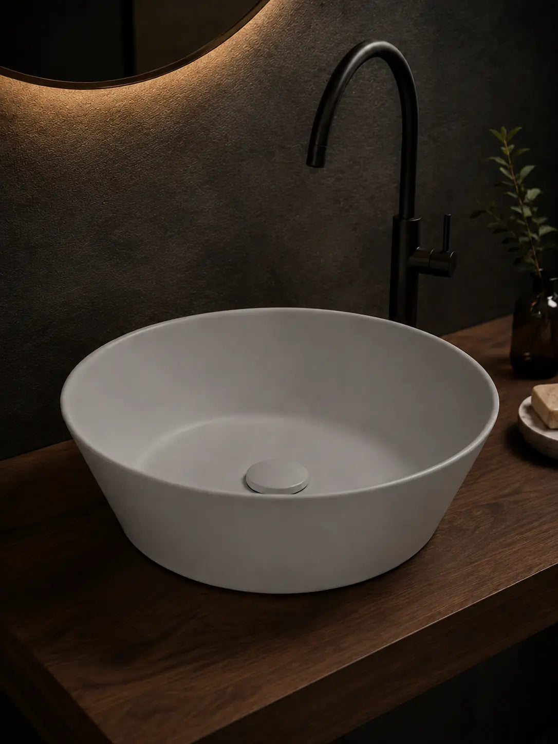 BBbidet 2603 matte gray round ceramic countertop basin, side view