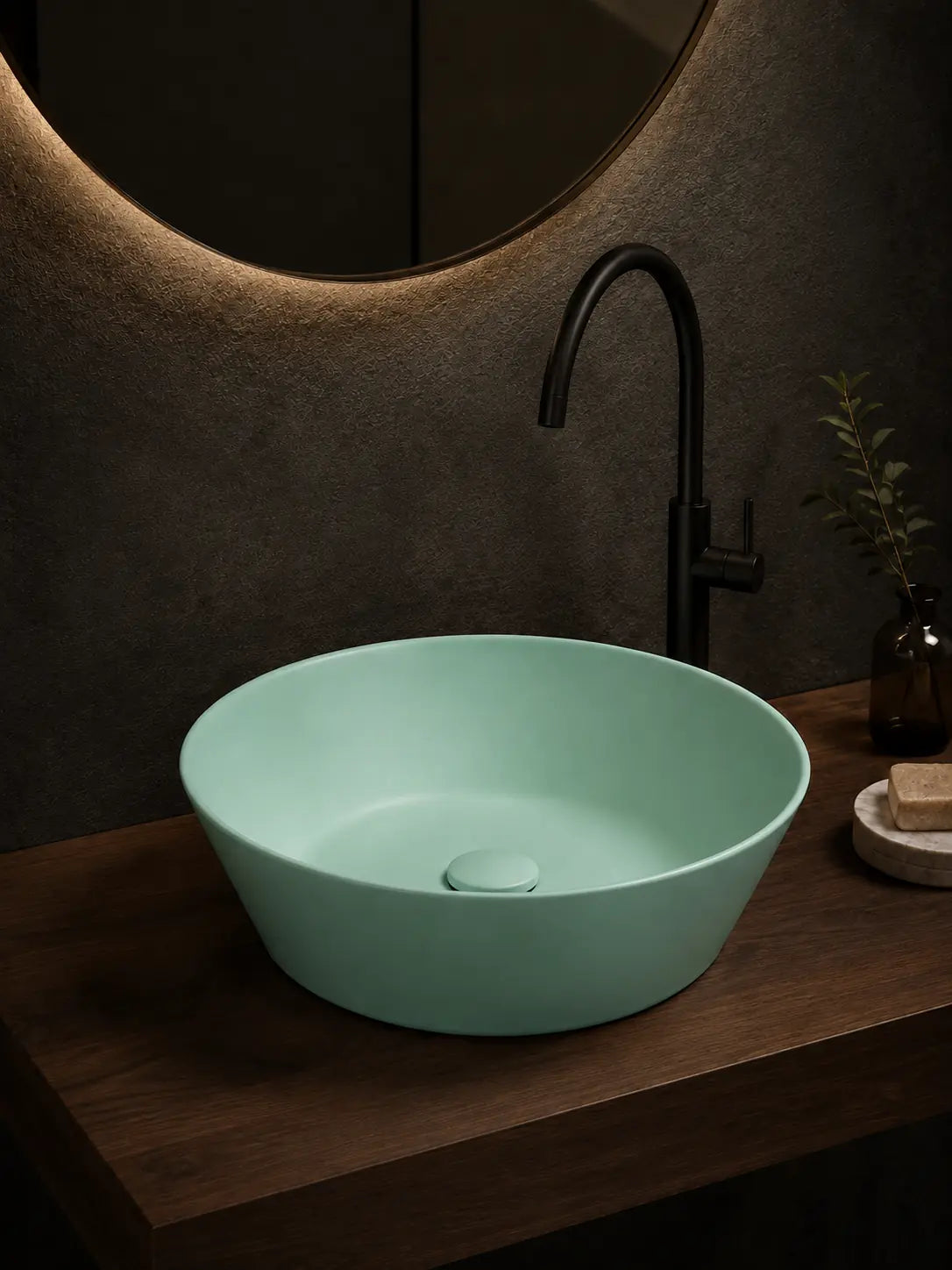 BBbidet 2603 matte green round ceramic countertop basin, hero view