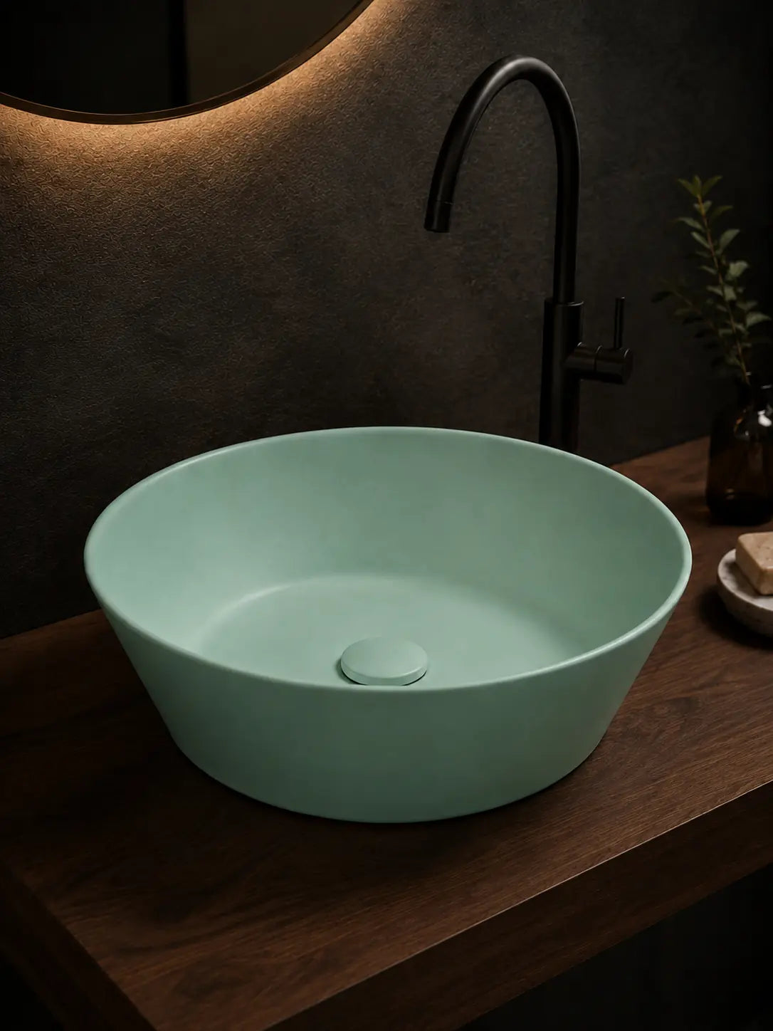 BBbidet 2603 matte green round ceramic countertop basin, side view
