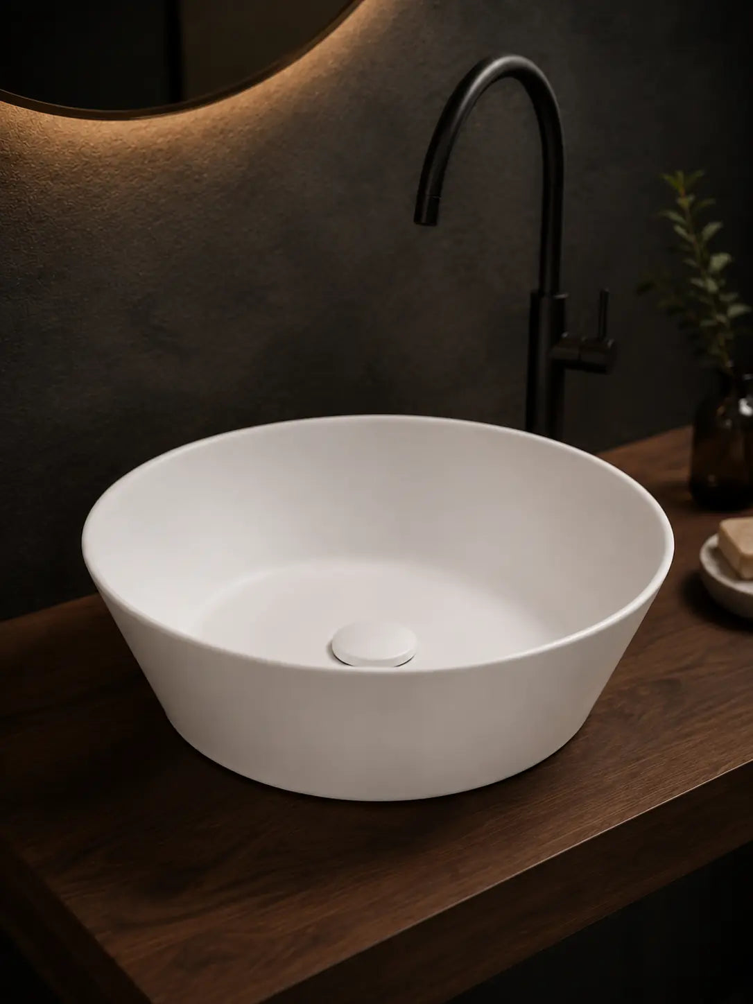 BBbidet 2603 matte white round ceramic countertop basin, side view