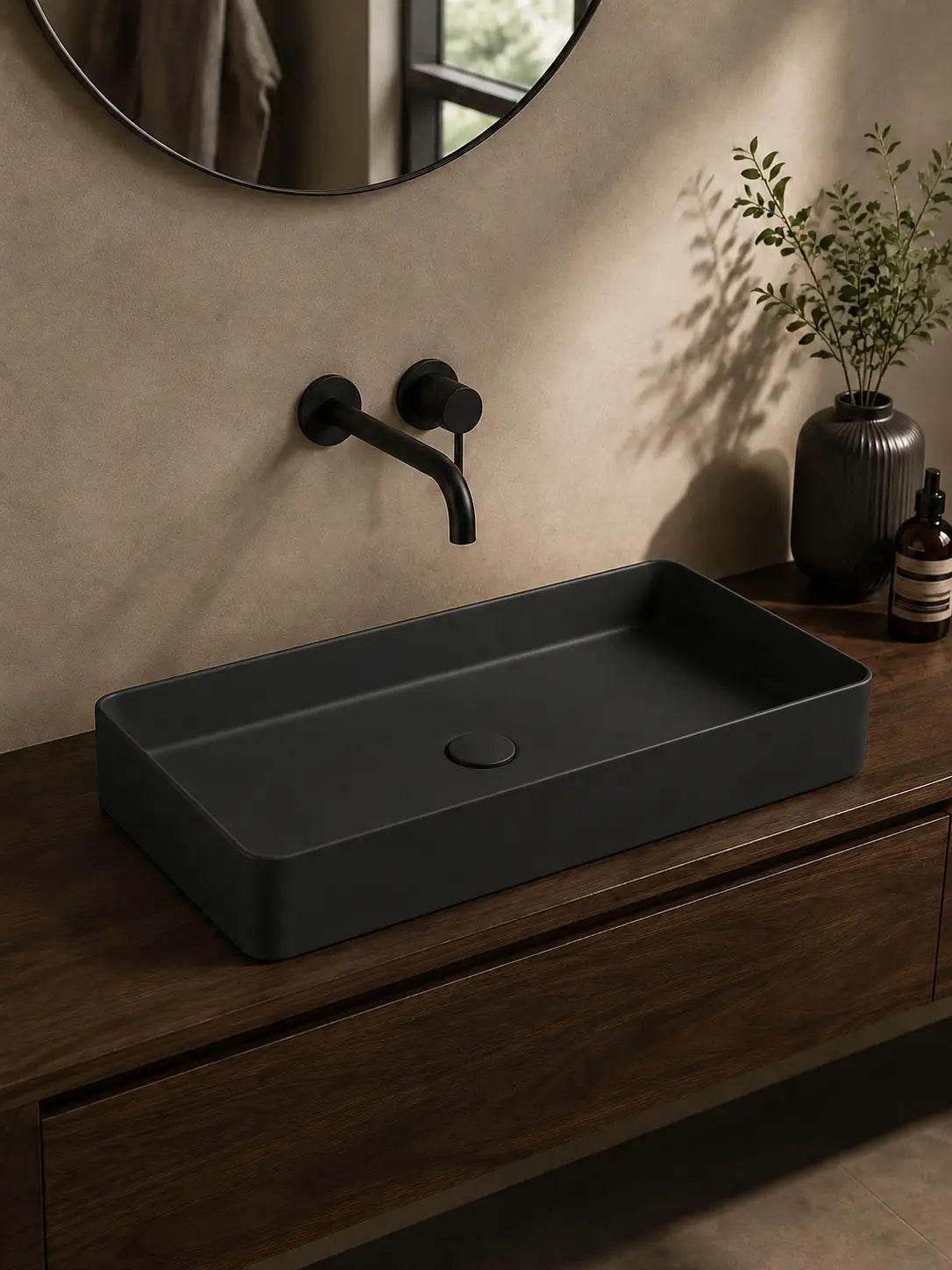 BBbidet 2605 matte black rectangular ceramic countertop basin in a premium modern bathroom