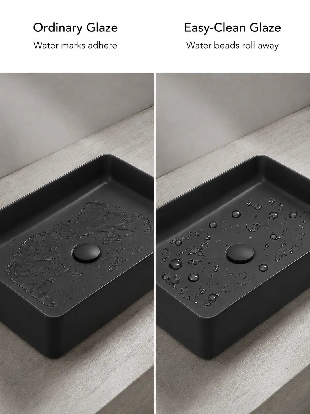 Easy-Clean glaze water-beading comparison for BBbidet 2605 matte black basin