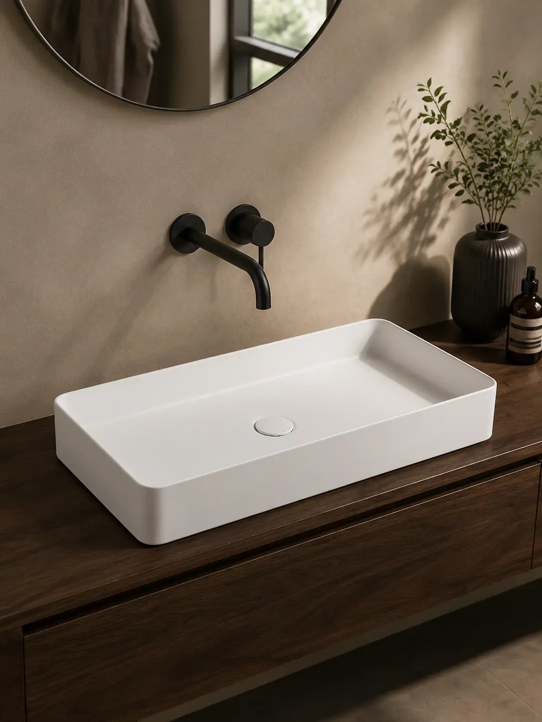 BBbidet 2605 matte white rectangular ceramic countertop basin in a premium modern bathroom