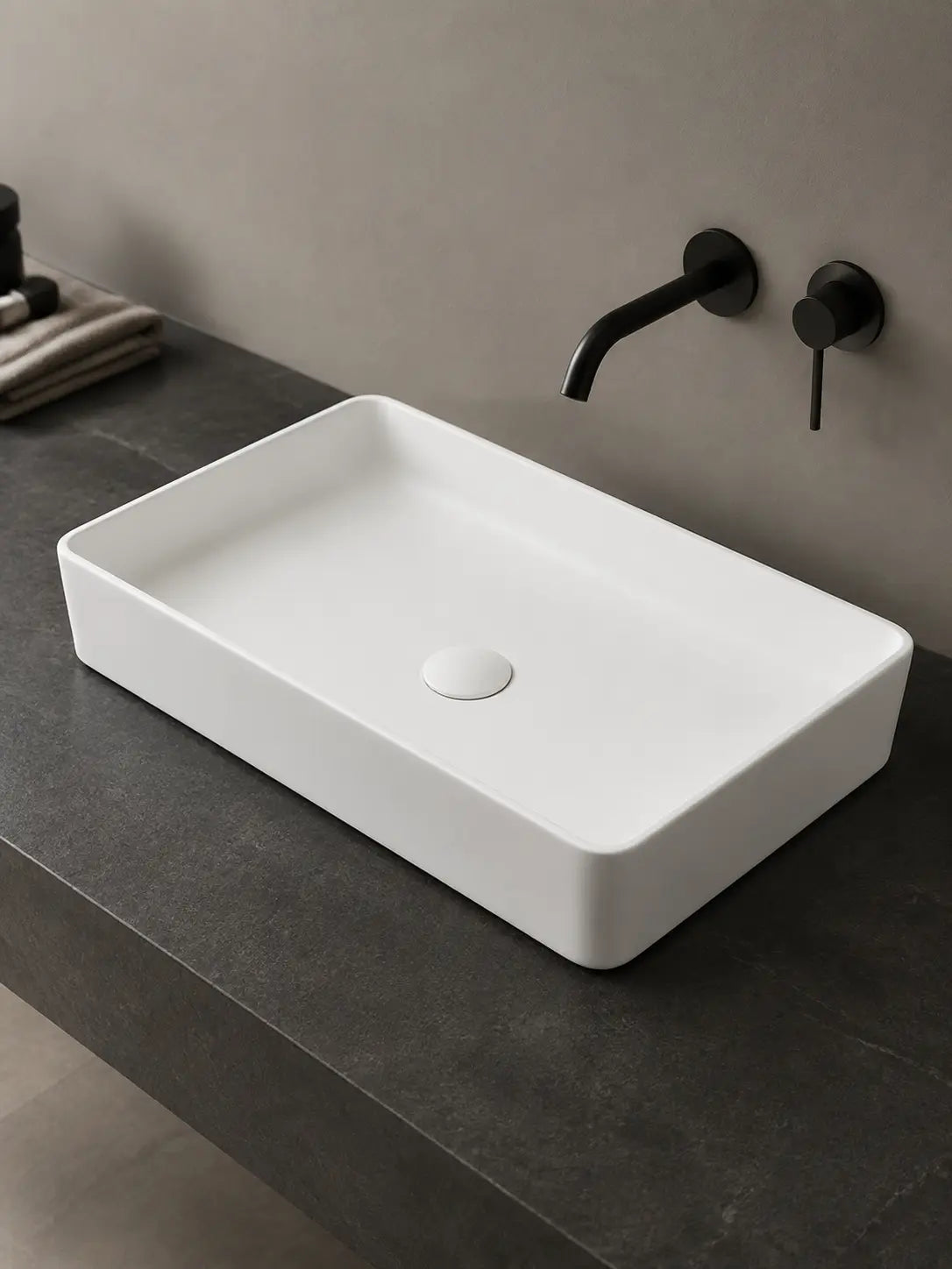 Angled view of BBbidet 2605 matte white rectangular ceramic countertop basin