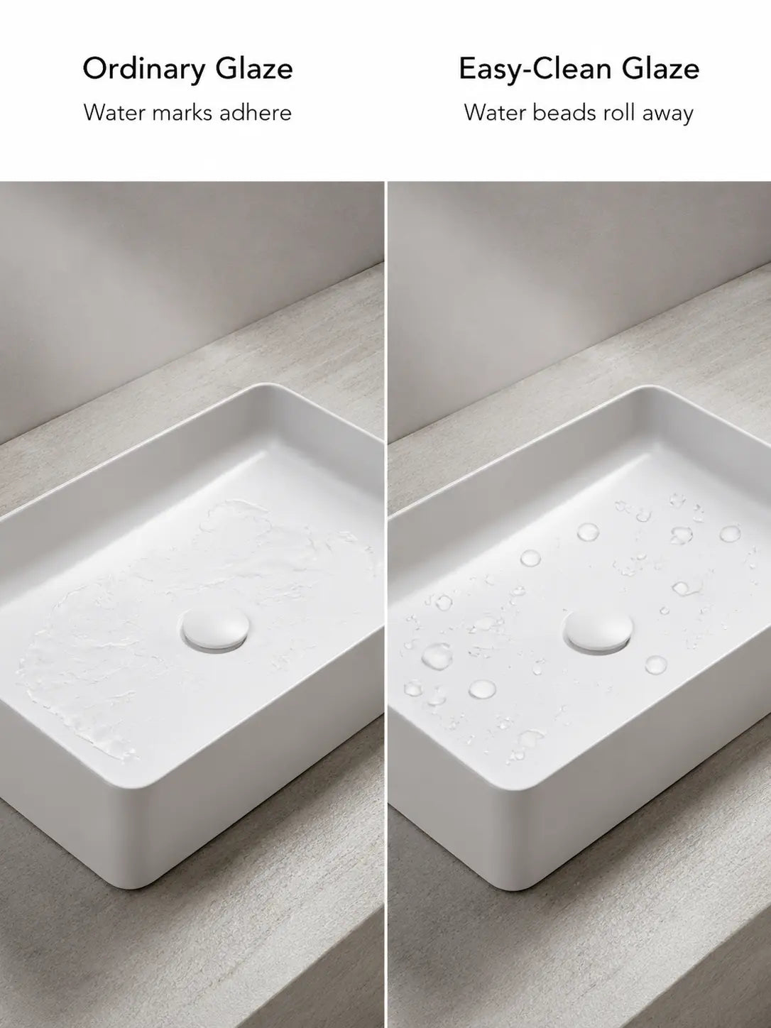 Easy-Clean glaze water-beading comparison for BBbidet 2605 matte white basin