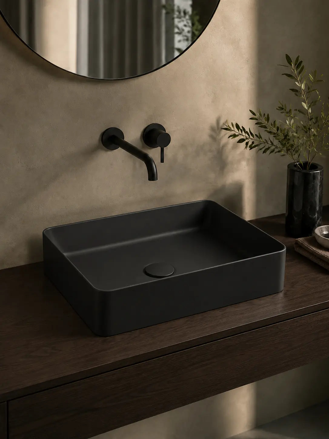 BBbidet 2620 matte black rounded rectangle ceramic countertop basin in a modern bathroom