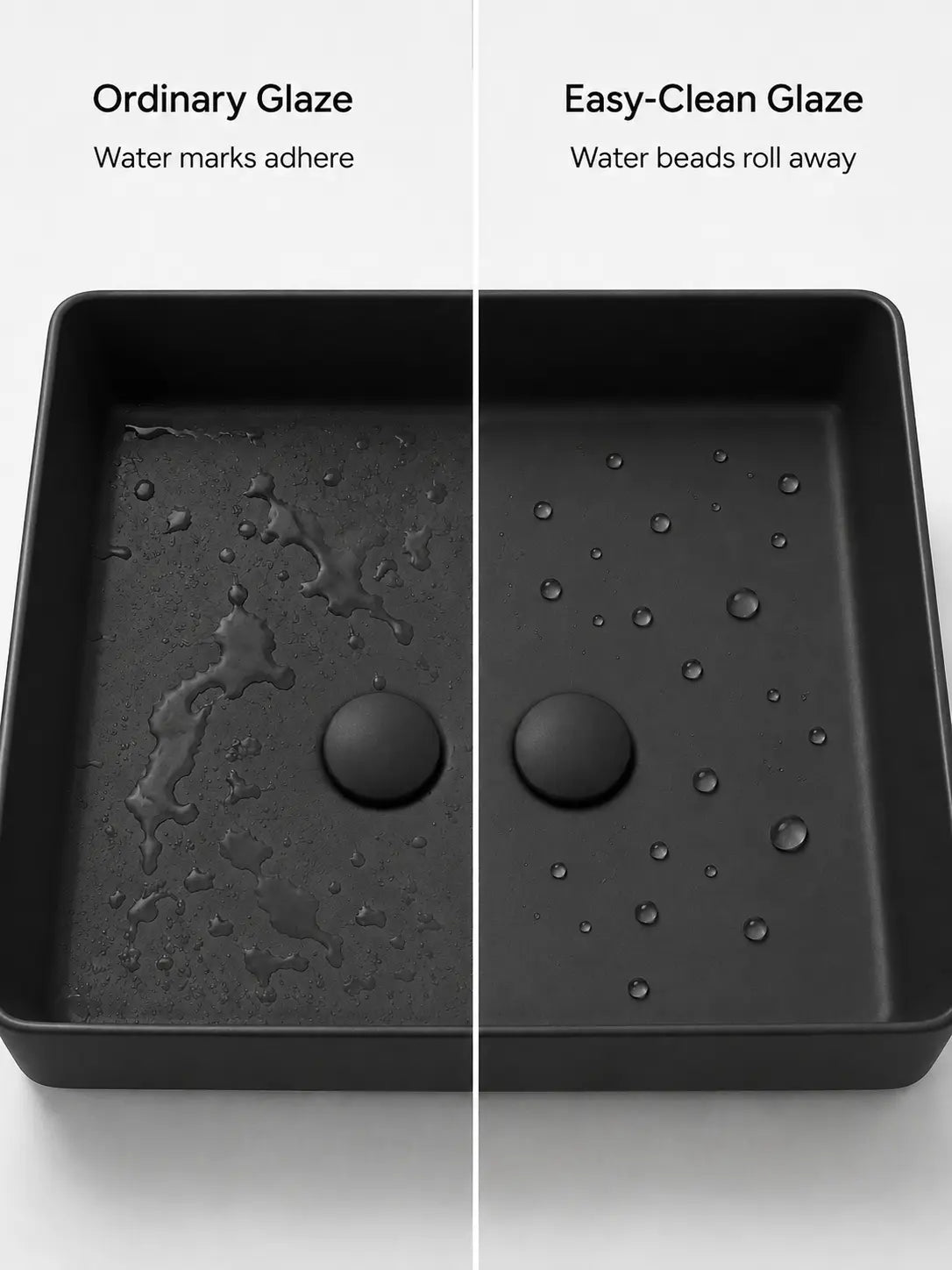 Easy-Clean glaze water-beading comparison for BBbidet 2620 matte black basin