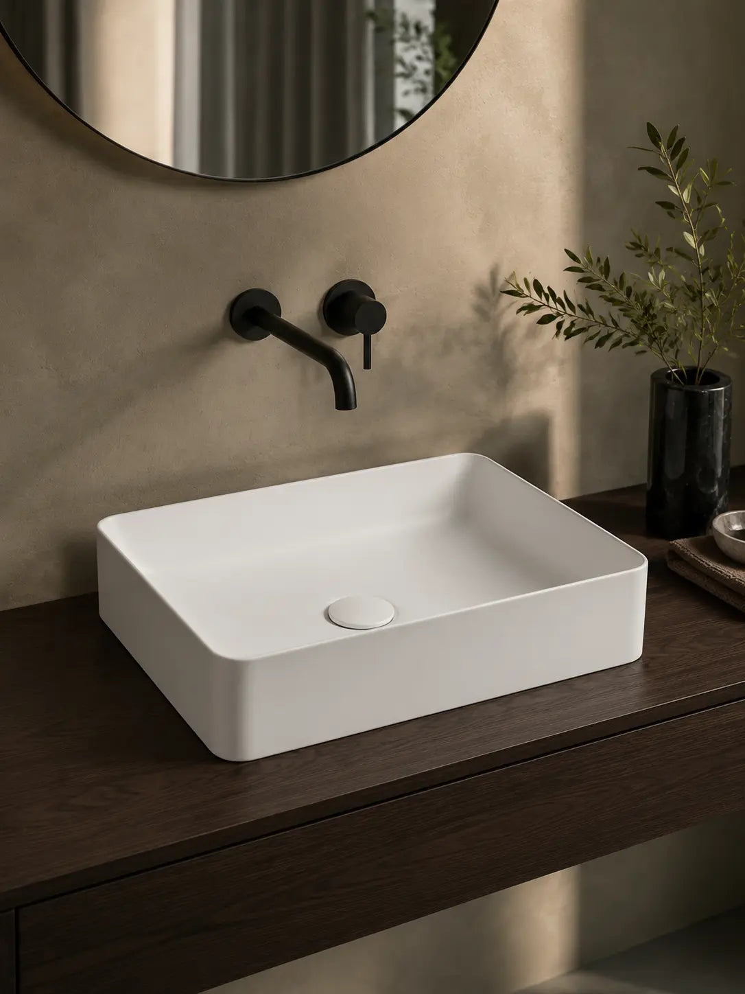 BBbidet 2620 matte white rounded rectangle ceramic countertop basin in a modern bathroom