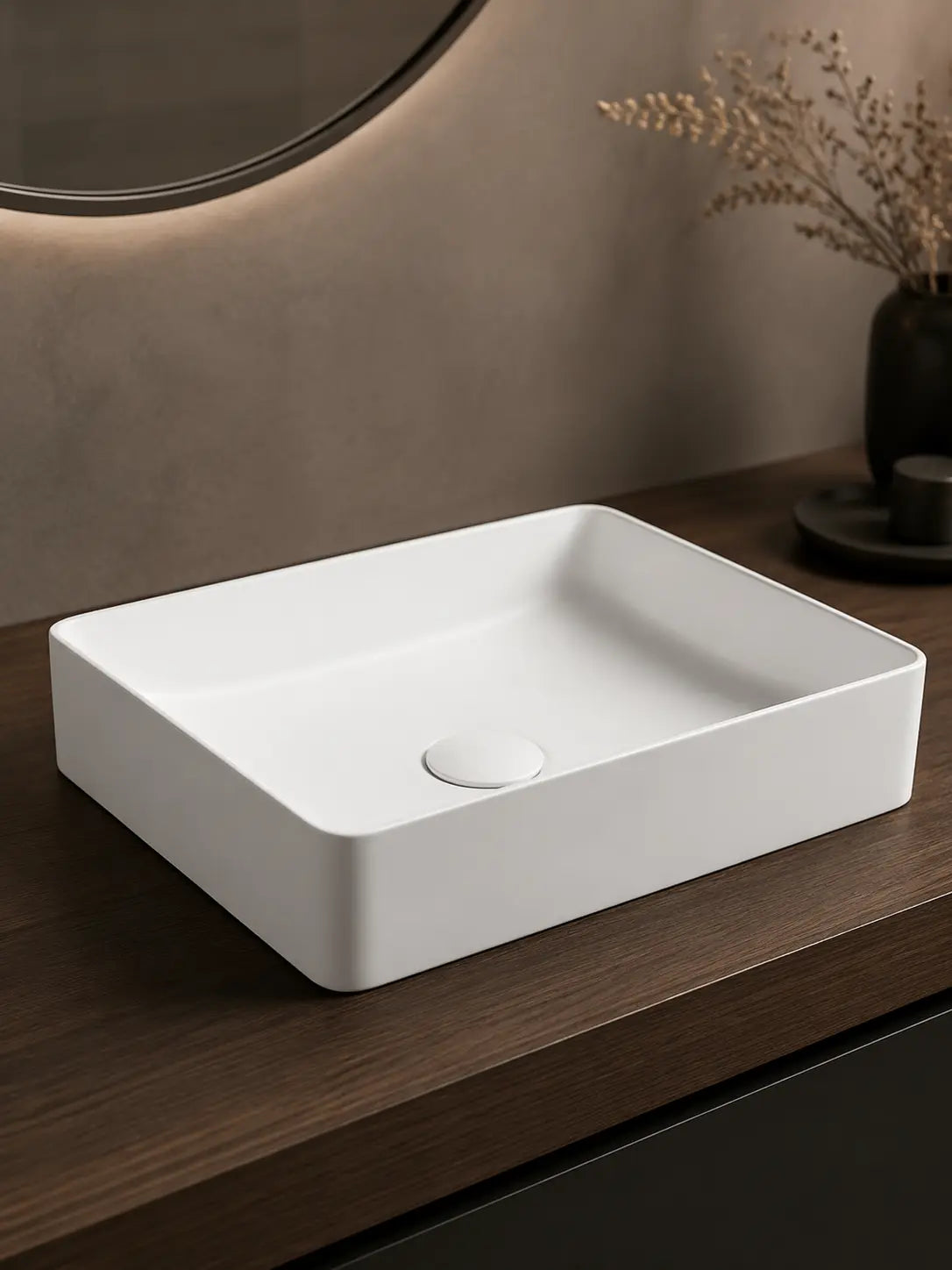 Angled view of BBbidet 2620 matte white rounded rectangle countertop basin