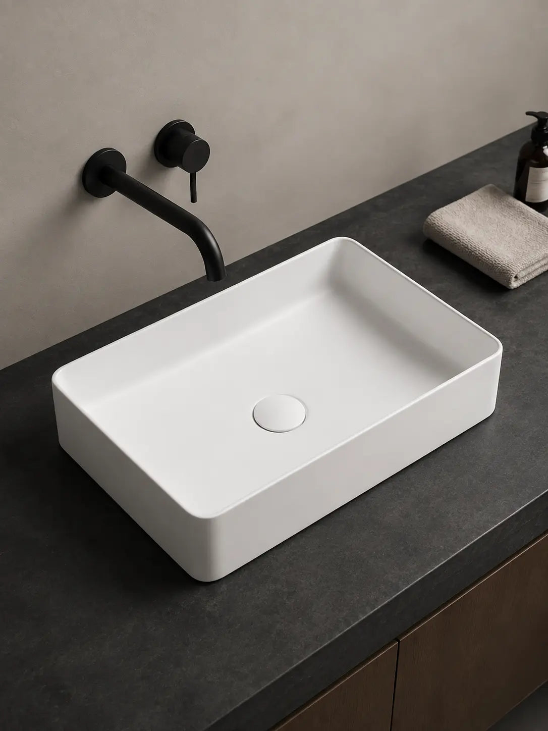 BBbidet 2620 matte white countertop basin on a dark modern vanity