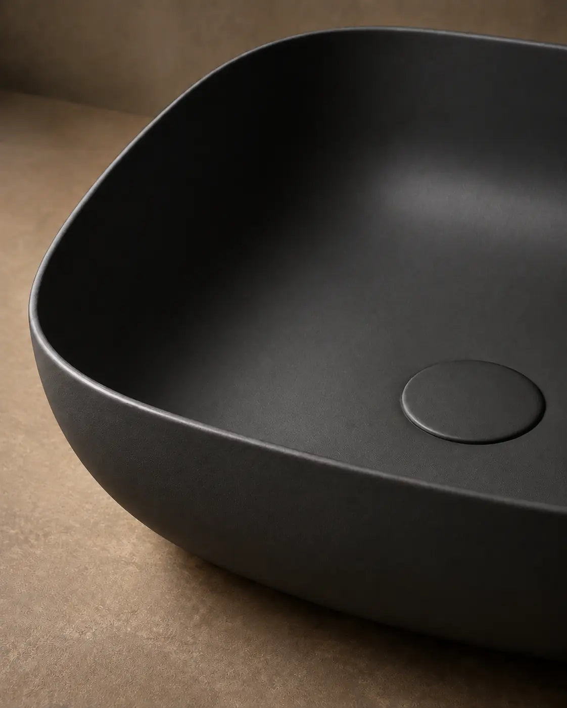 BBbidet 2677 matte black rounded square ceramic countertop basin – ceramic and solid drain cover detail