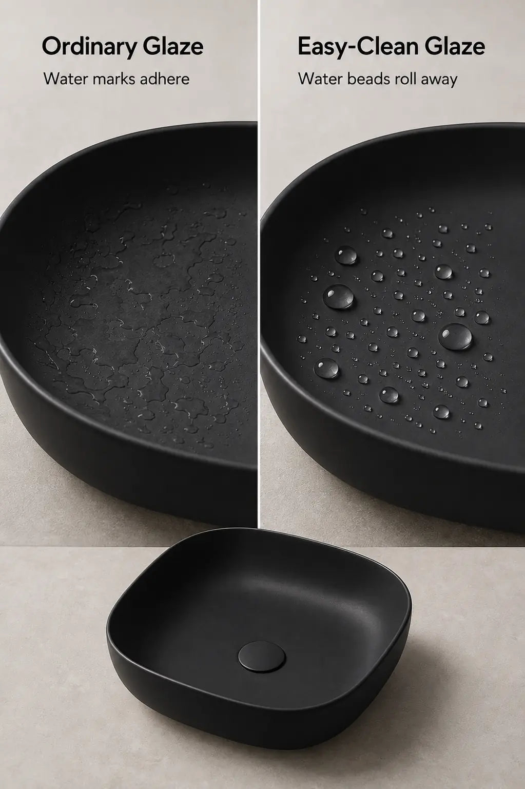BBbidet 2677 matte black rounded square ceramic countertop basin – Easy-Clean glaze comparison