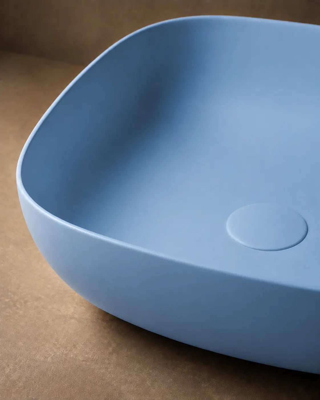 BBbidet 2677 matte blue rounded square ceramic countertop basin – ceramic and solid drain cover detail
