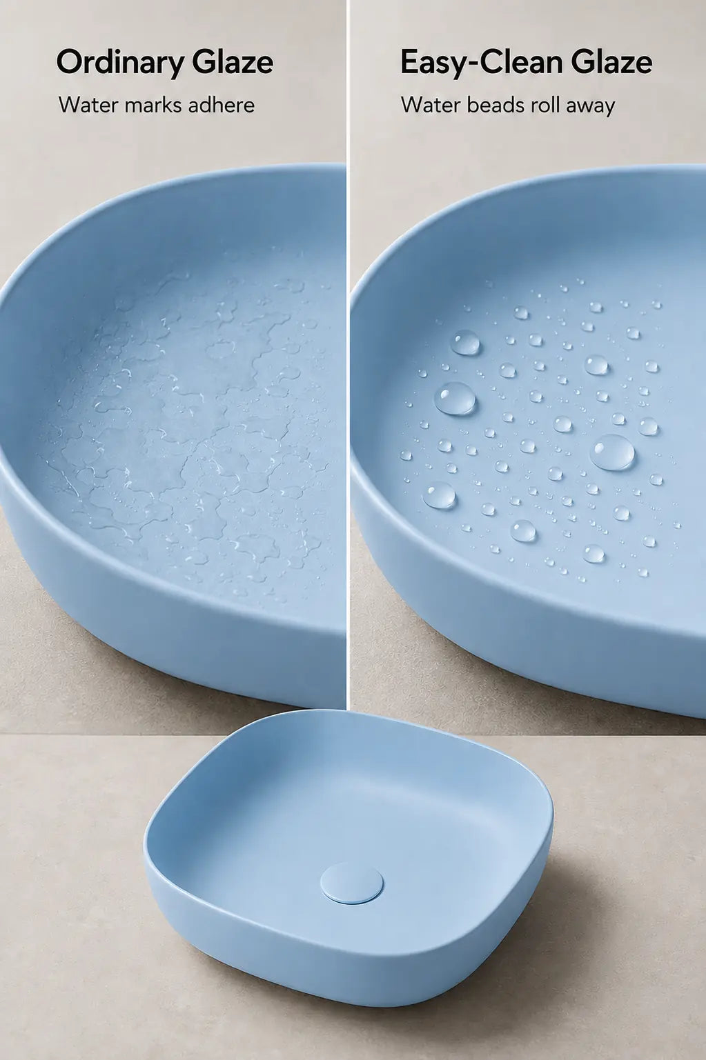 BBbidet 2677 matte blue rounded square ceramic countertop basin – Easy-Clean glaze comparison