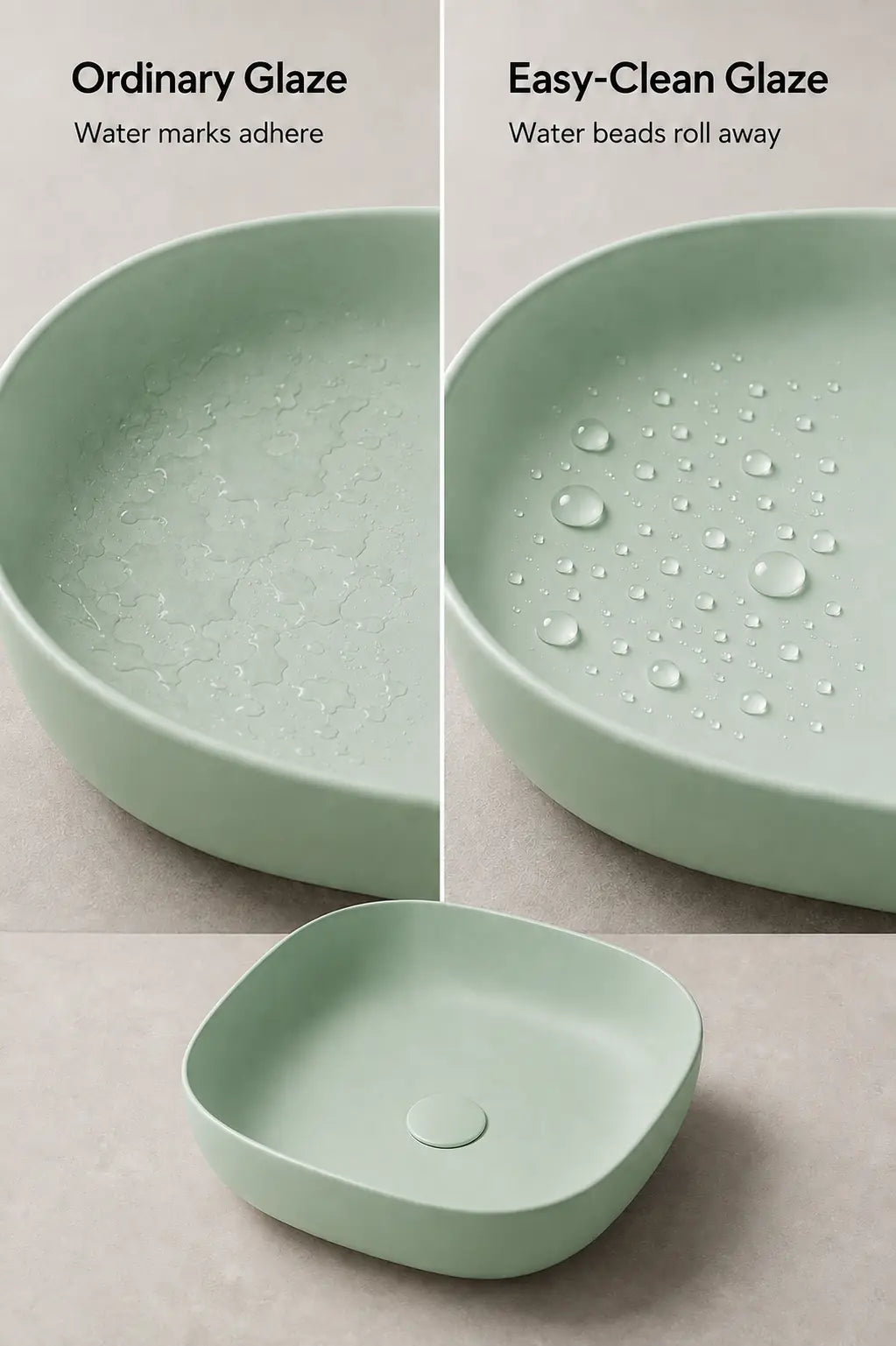 BBbidet 2677 matte green rounded square ceramic countertop basin – Easy-Clean glaze comparison