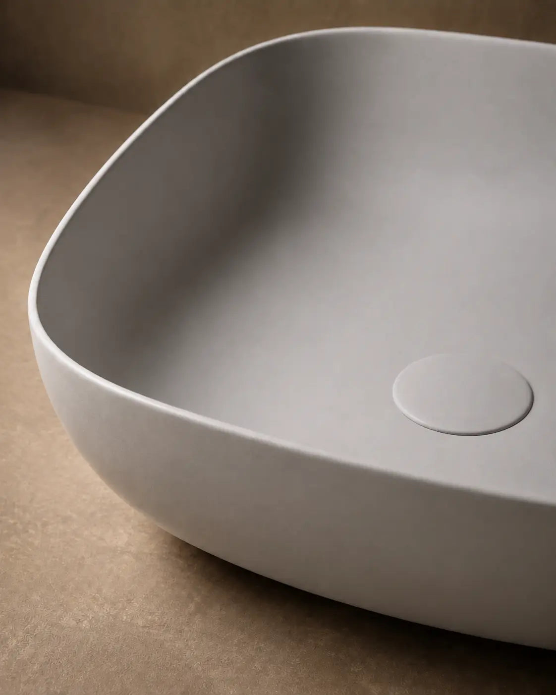 BBbidet 2677 matte gray rounded square ceramic countertop basin – ceramic and solid drain cover detail