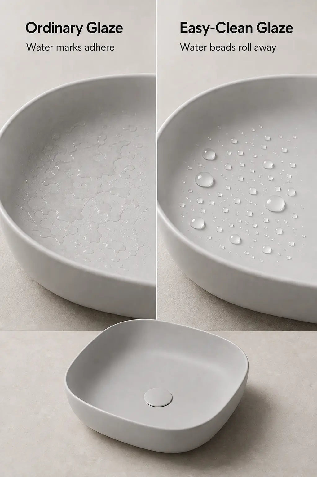 BBbidet 2677 matte gray rounded square ceramic countertop basin – Easy-Clean glaze comparison