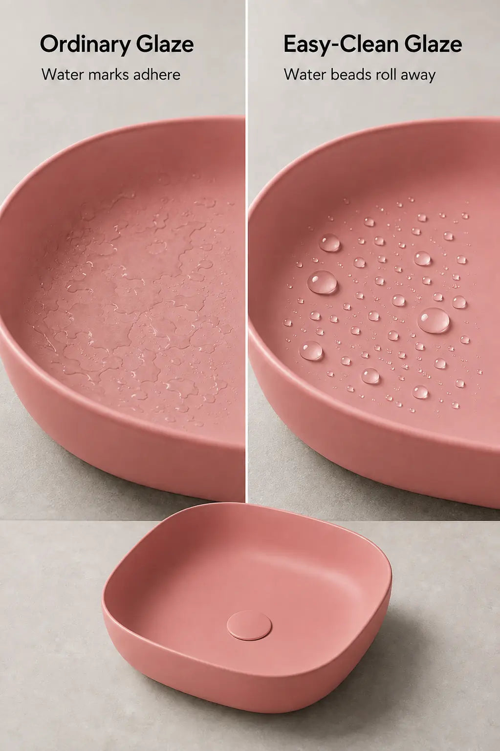 BBbidet 2677 matte pink rounded square ceramic countertop basin – Easy-Clean glaze comparison