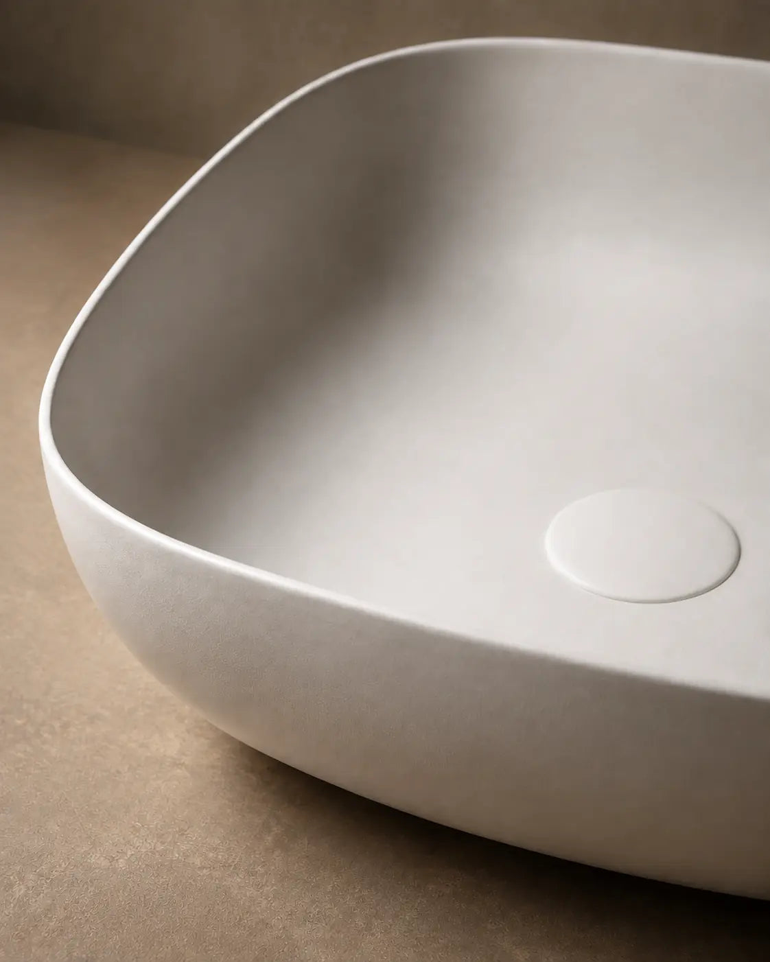 BBbidet 2677 matte white rounded square ceramic countertop basin – ceramic and solid drain cover detail