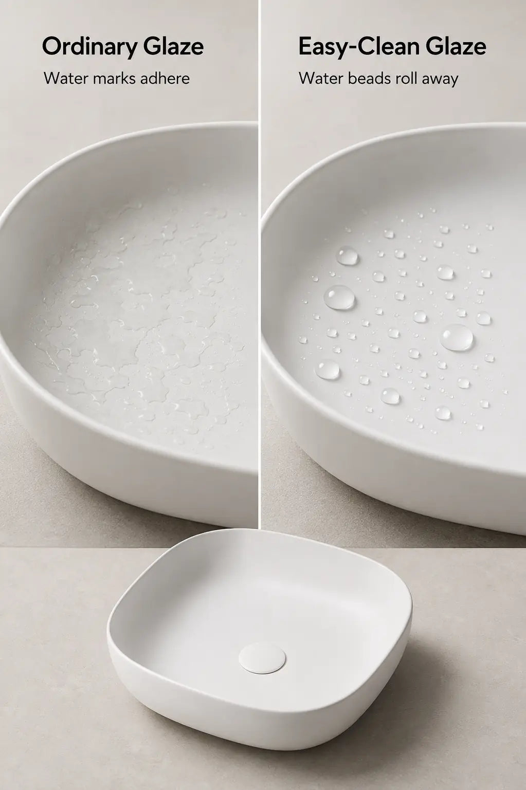 BBbidet 2677 matte white rounded square ceramic countertop basin – Easy-Clean glaze comparison