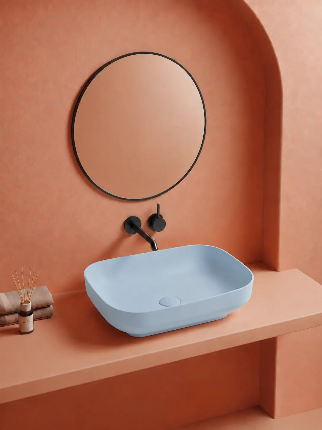 BBBIDET 2679 Matte Blue rounded rectangle countertop basin - main bathroom scene