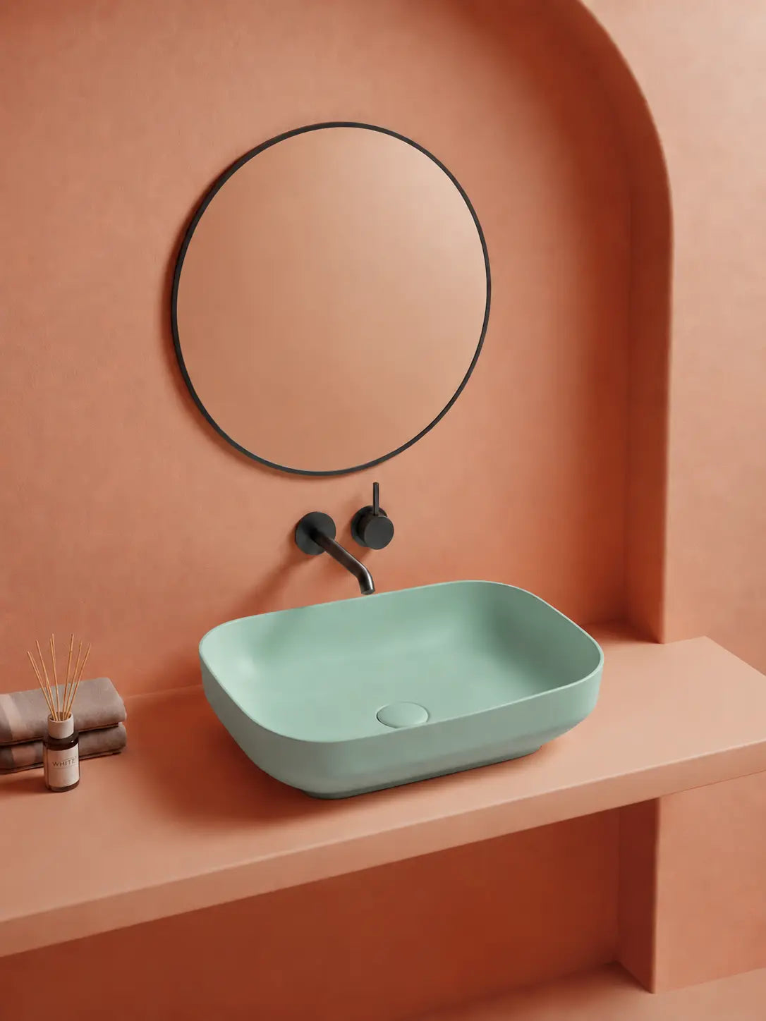 BBBIDET 2679 Matte Green rounded rectangle countertop basin - main bathroom scene