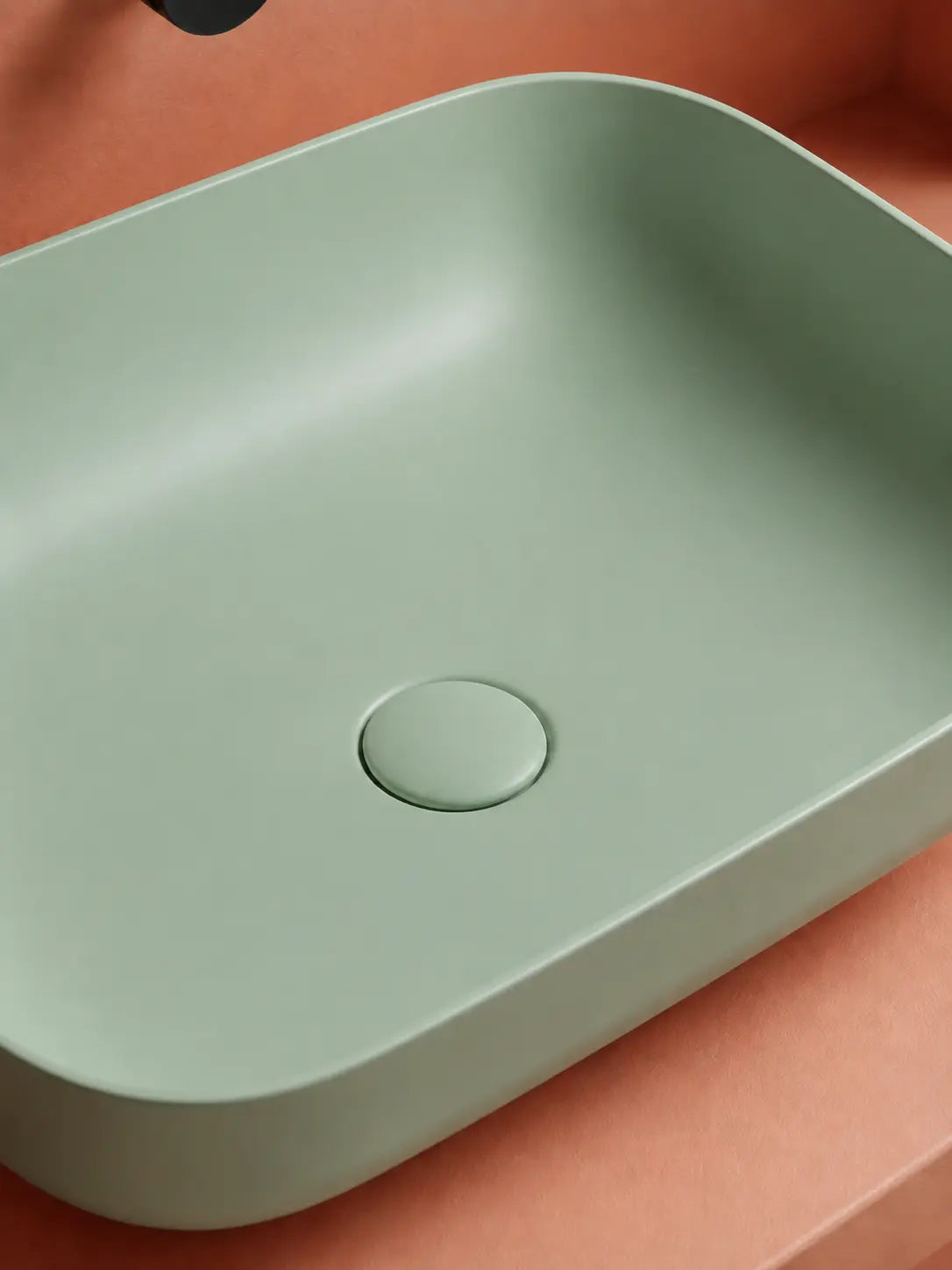 BBBIDET 2679 Matte Green rounded rectangle countertop basin - ceramic drain cover detail